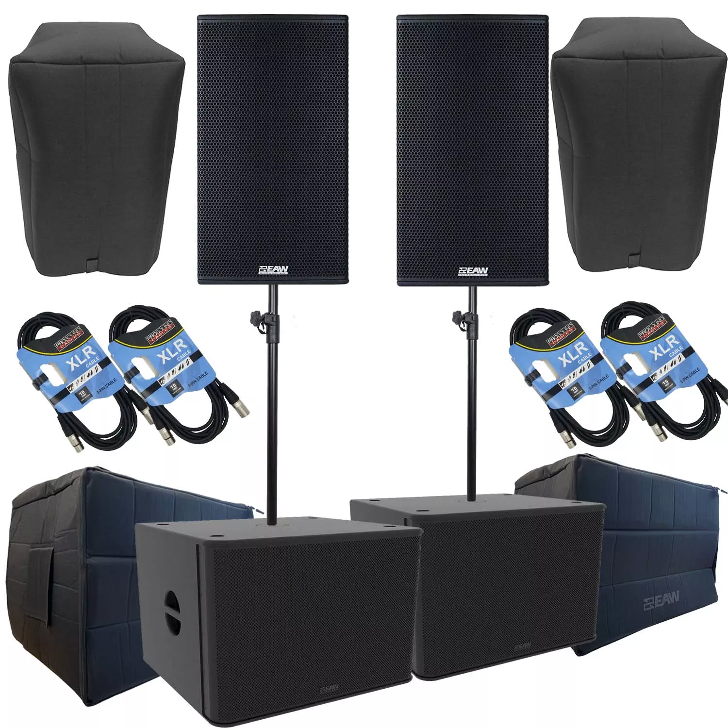 (2) EAW RS121 1500W 12″ Powered Loudspeaker, (2) EAW RS118 Subs, (2) EAW Covers, (2) EAW Sub Covers, (2) Speaker Poles, (4) XLR Cables Bundle