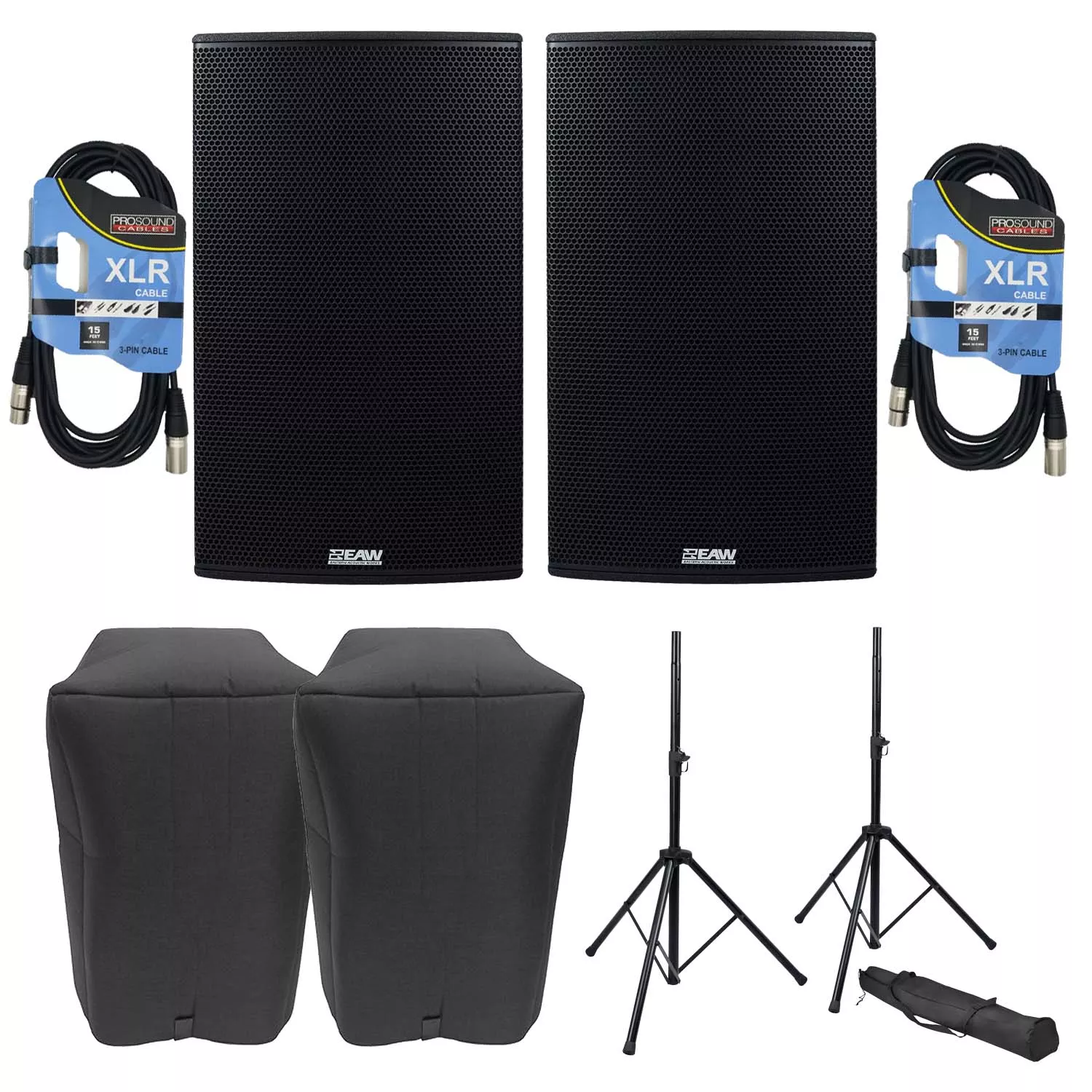(2) EAW RS151 1500W 15″ Powered Loudspeaker, (2) EAW Covers, (2) Speaker Stands, (2) XLR Cables Bundle
