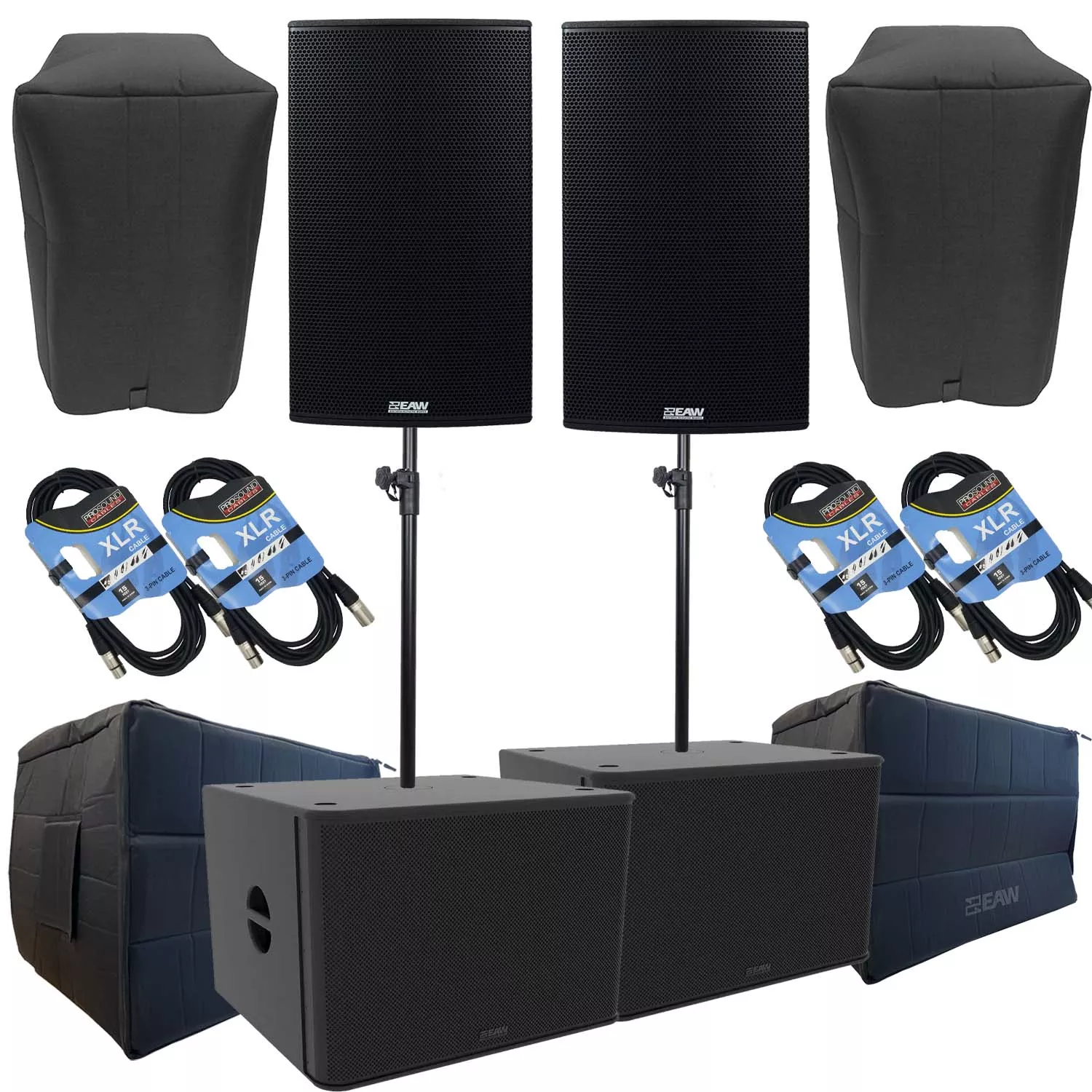 (2) EAW RS151 1500W 15″ Powered Loudspeaker, (2) EAW RS118 Subs, (2) EAW Covers, (2) EAW Sub Covers, (2) Speaker Poles, (4) XLR Cables Bundle