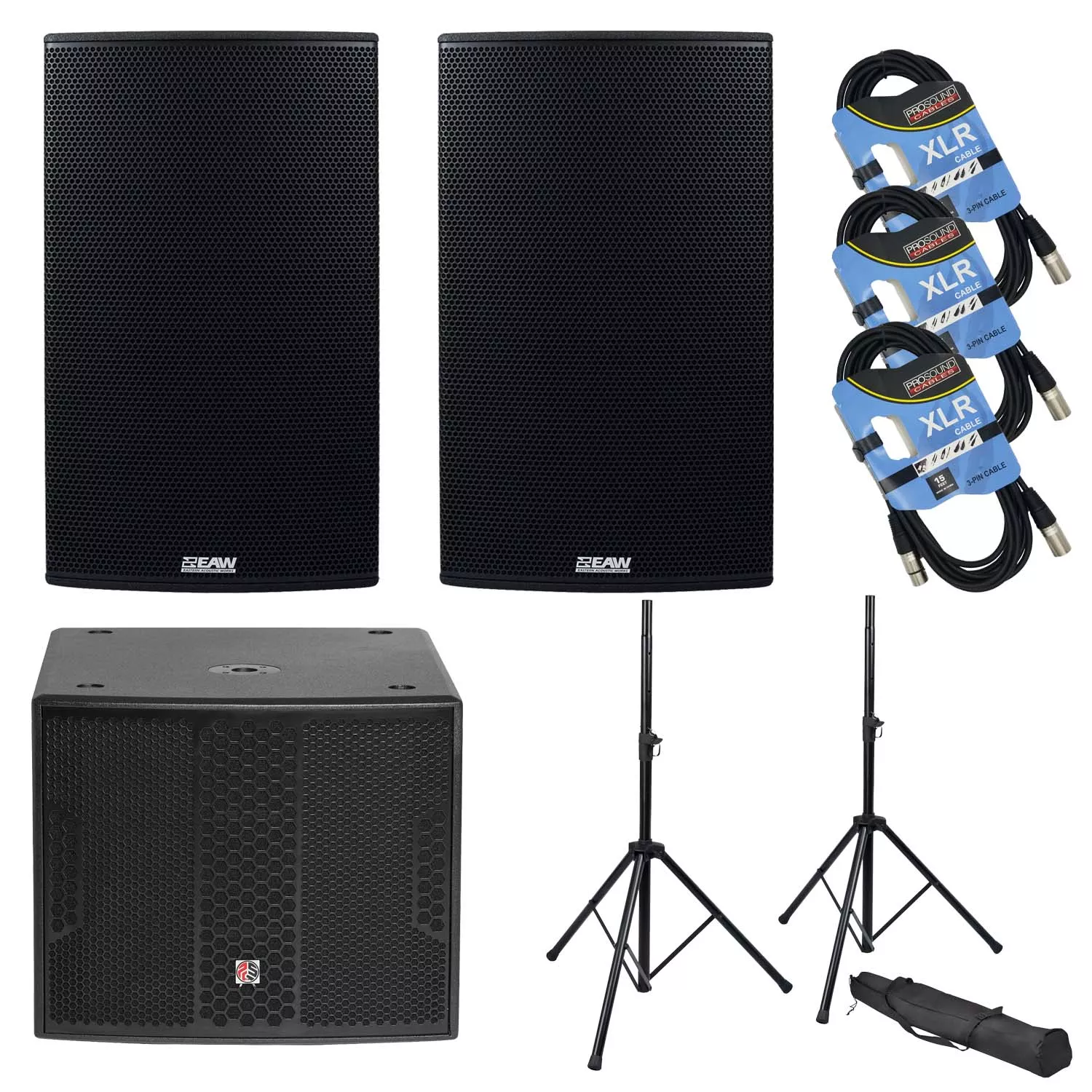 (2) EAW RS153 1500W 15″ 2-Way Self-Powered Loudspeaker – PSG Audio Chaos 18 – (2) Stands – (3) XLR Cables Bundle