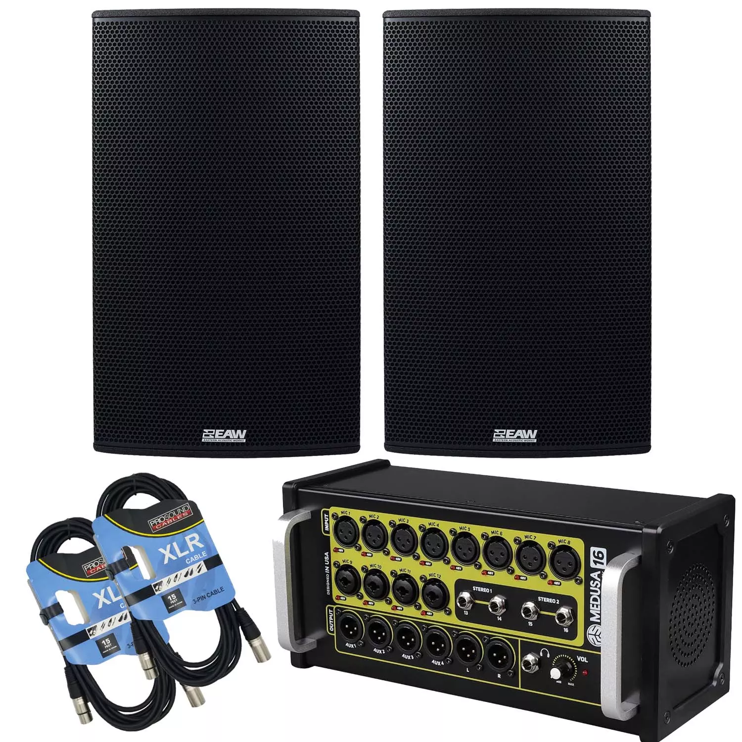 (2) EAW RS153 1500W 15″ 2-Way Self-Powered Loudspeaker, PSG AUDIO Medusa 16, (2) XLR Cables Bundle