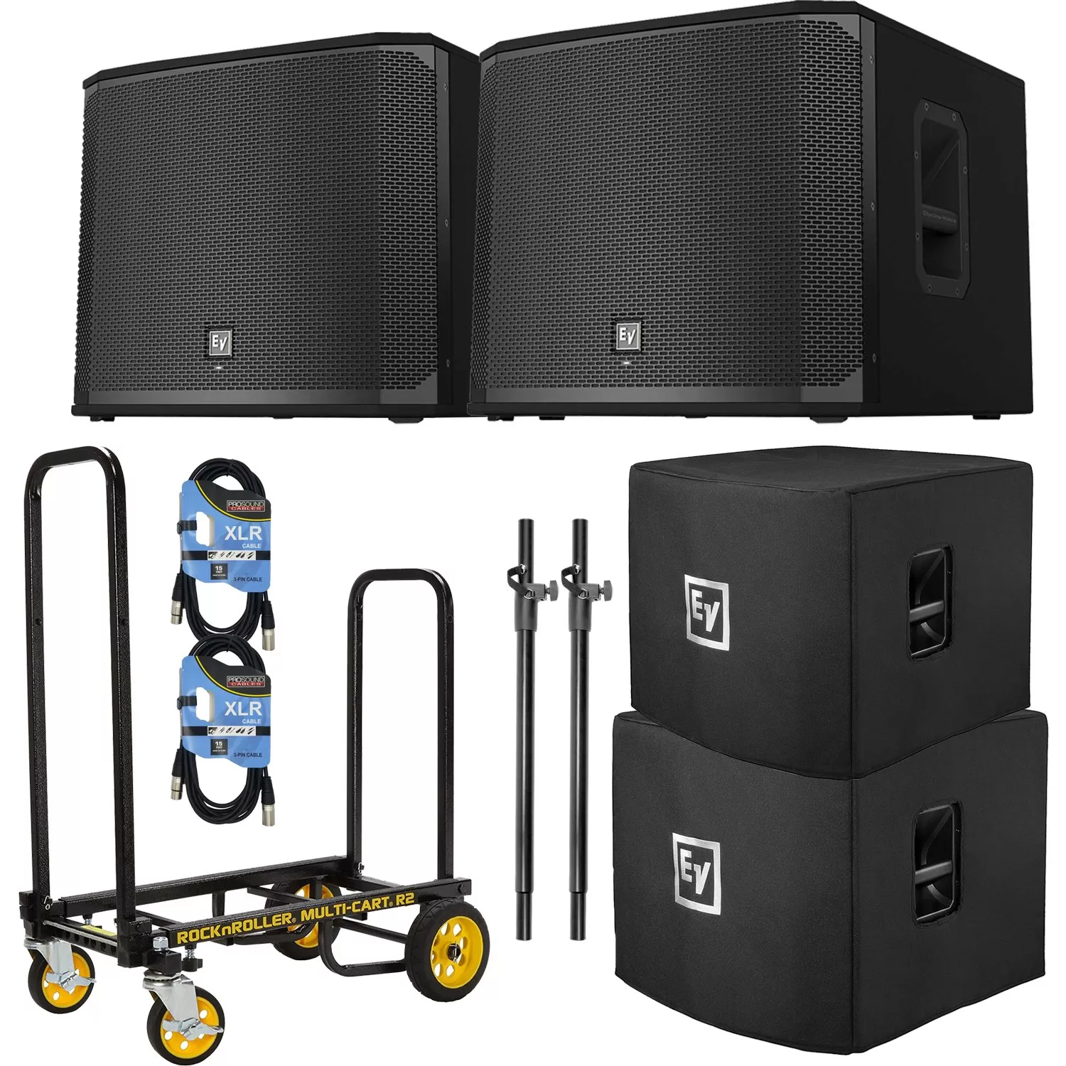 (2) Electro-Voice EKX-15SP 15″ Sub, Rock N’ Roller Cart, (2) EKX-15S-Covers, (2) XLR Cables, (2) Speaker Poles Bundle