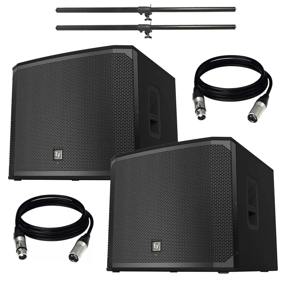 (2) Electro-Voice EKX-18SP 18″ Powered Subwoofer and Cables and Poles Package.