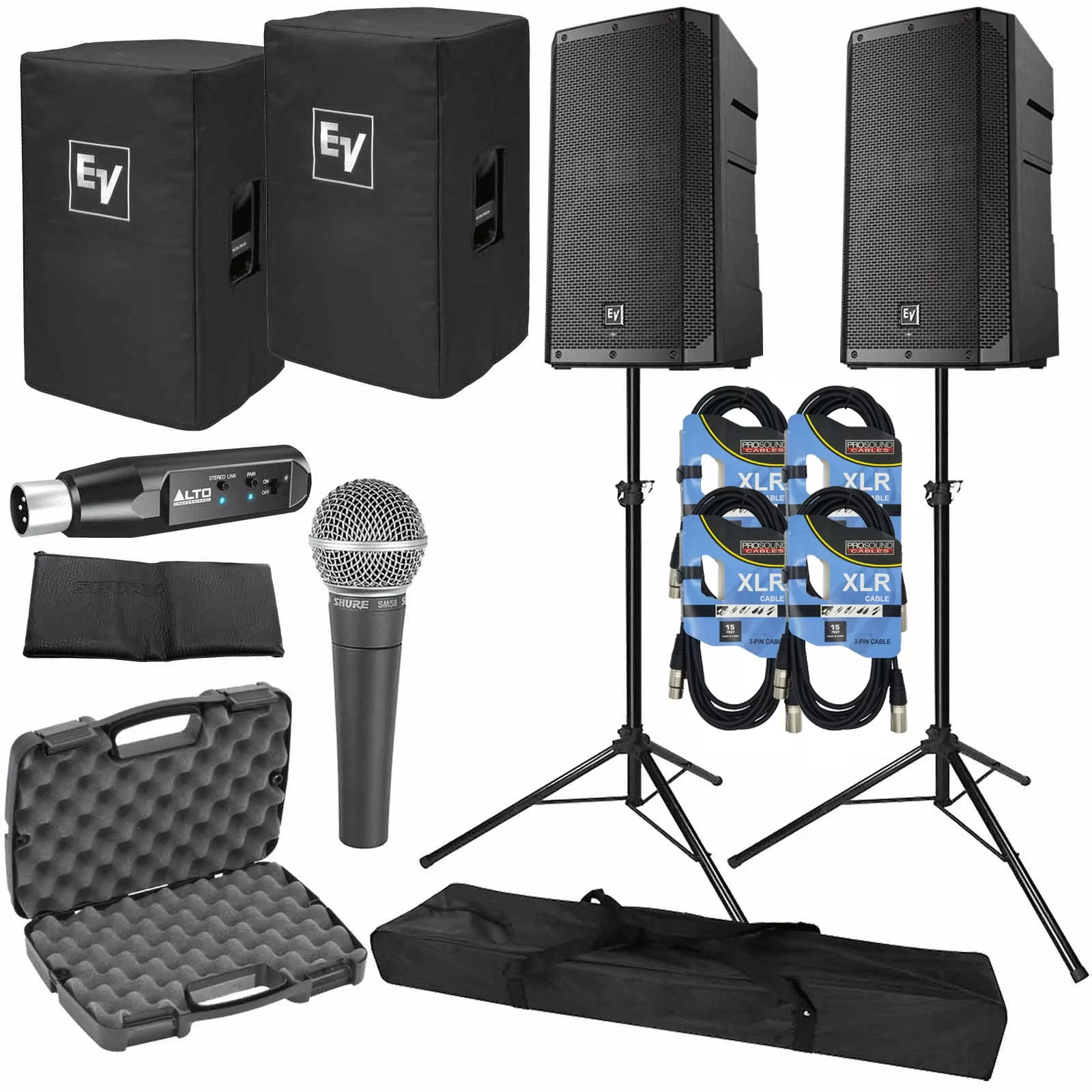 (2) Electro-Voice ELX200-12P 12″ 2-Way Powered Speakers with Blue Cables & Microphone Package