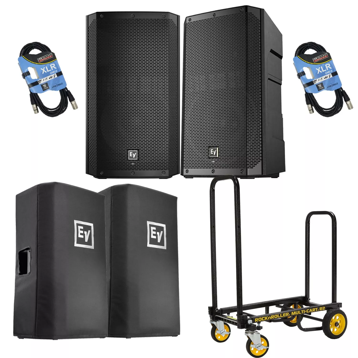 (2) Electro-Voice ELX200-12P, (2) ELX200-12P Covers, (1) Rock-N-Roller Cart, (2) XLR Cables Bundle