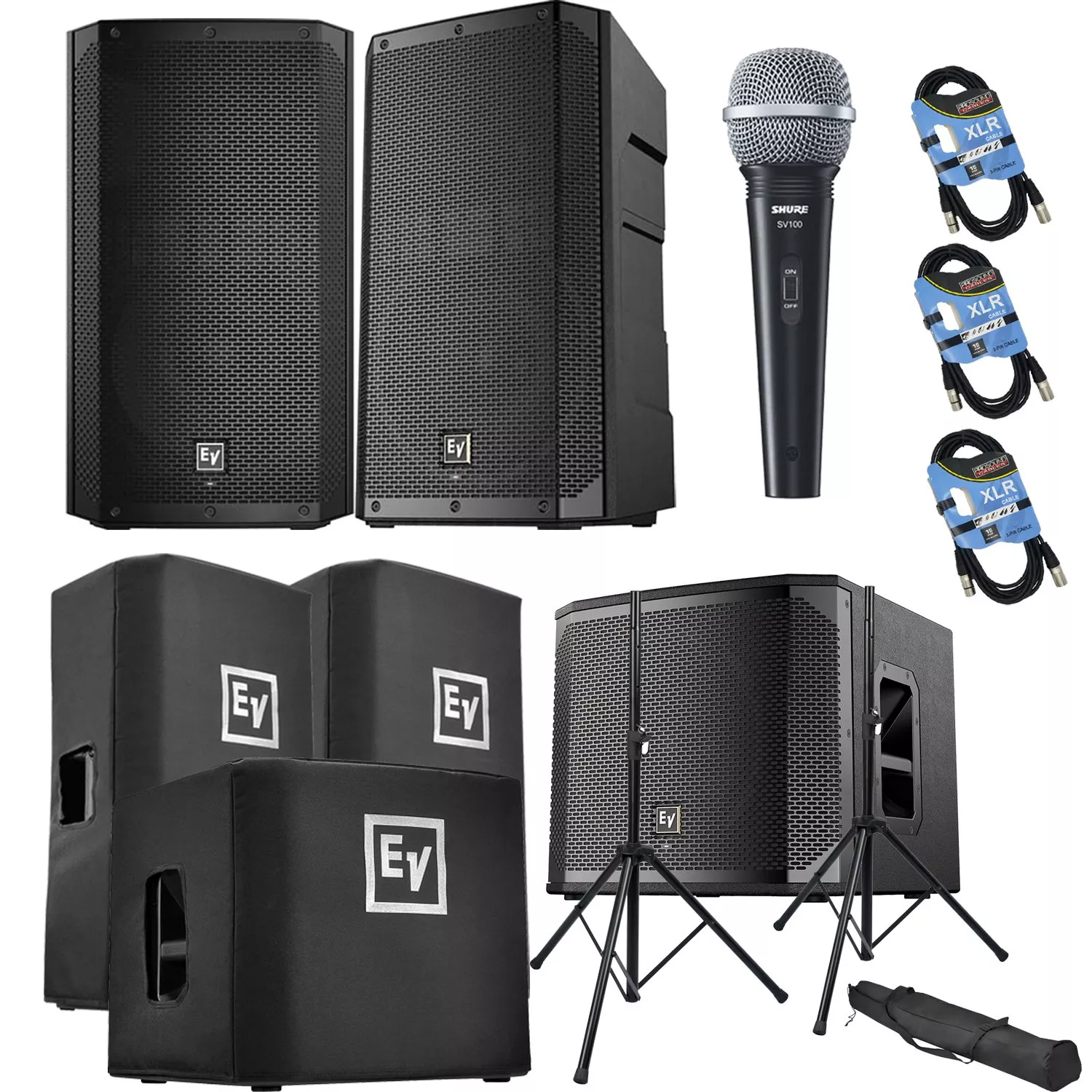 (2) Electro-Voice ELX200-12P, EV ELX200-12SP, (2) ELX200-12P Covers, ELX200-12SP Cover, (2) Speaker Stands, SV100 Mic, (3) XLR Cables Bundle
