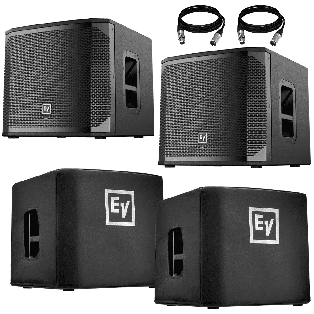 (2) Electro-Voice ELX200-12SP-US 12″ 1200W Powered Subwoofer (Black, Single) & (2) Electro-Voice ELX200-12S-CVR Padded Cover for ELX200 12″ Subwoofer and Cable Package.