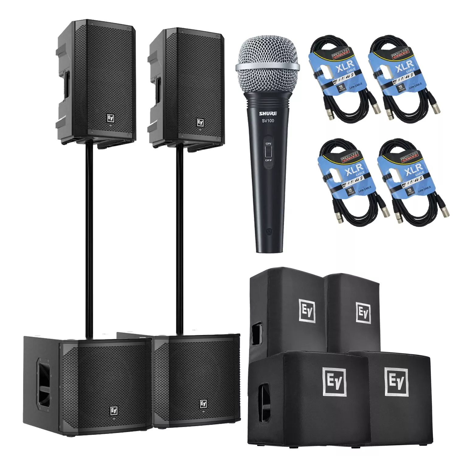 (2) Electro-Voice ELX200-15P, (2) EV ELX200-12SP, (2) ELX200-15P Covers, (2) ELX200-12SP Covers, (2) Poles, SV100 Mic, (4) XLR Cables Bundle