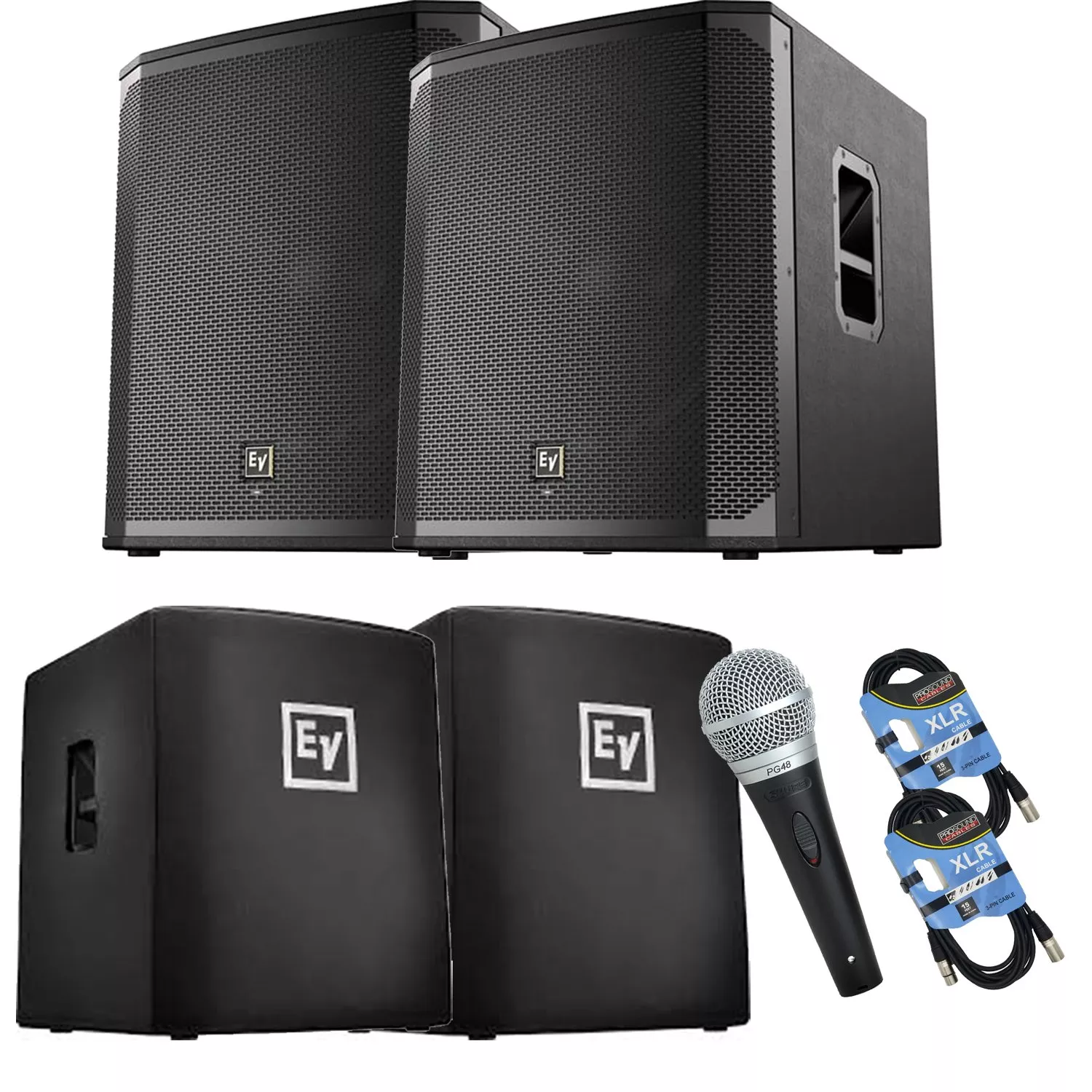 (2) Electro-Voice ELX200-18SP, (2) ELX200-18SP Cover, (1) PG48 Mic, (2) XLR cables Bundle