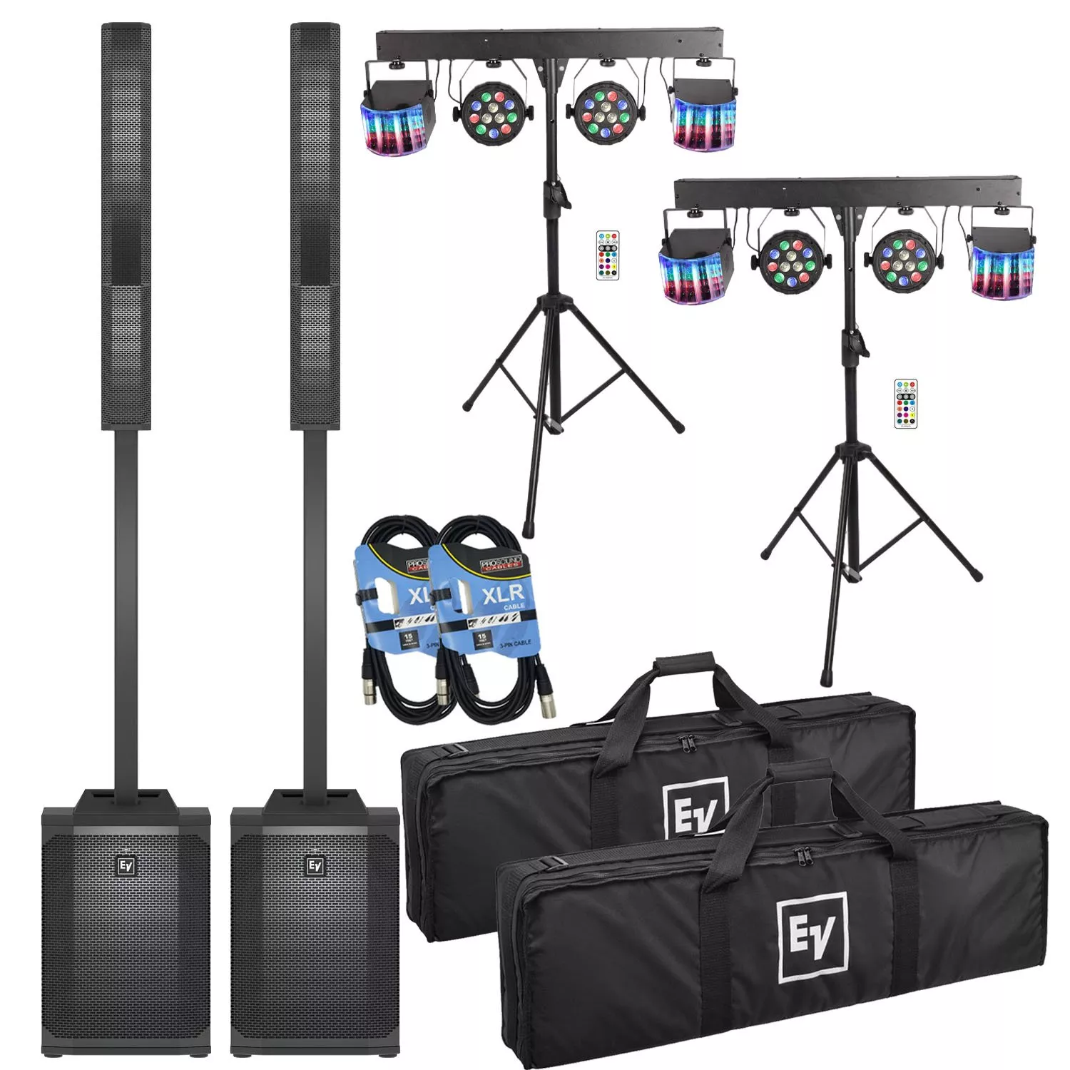 (2) Electro-Voice Evolve 50M Powered Speaker (Top Cover Included), (2) Yuusei LED DJ Lighting Set, (2) XLR Cables Bundle
