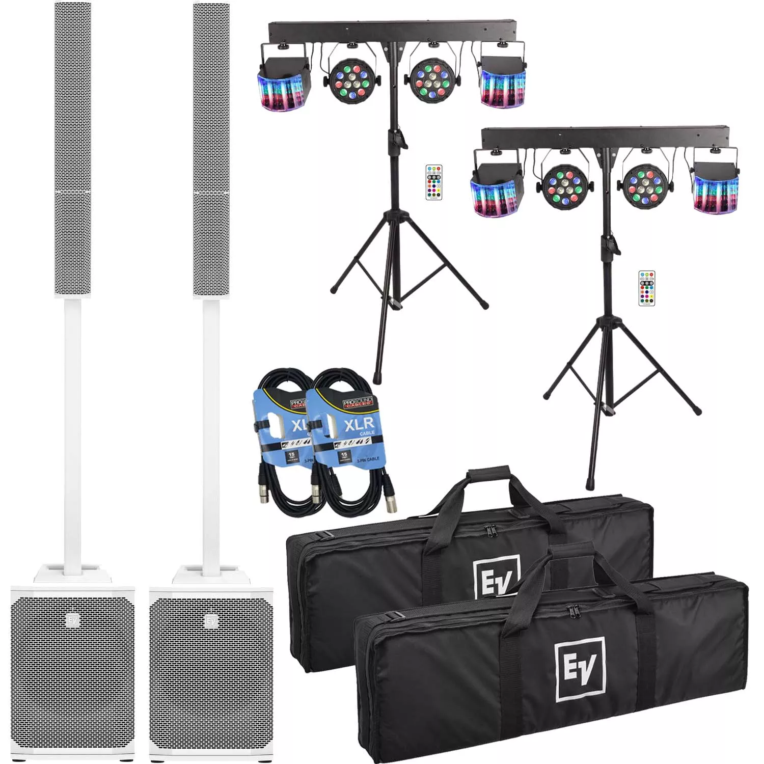 (2) Electro-Voice Evolve 50M Powered Speaker – White (Top Cover Included), (2) Yuusei LED DJ Lighting Set, (2) XLR Cables Bundle