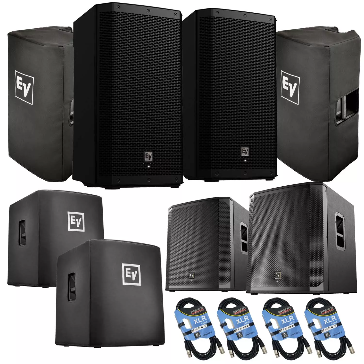 (2) Electro-Voice ZLX-12P-G2 12″ 1000W Powered Speaker, (2) EV ZLX-12P-G2 Cover, (2) EV ELX200-18SP, (2) EV ELX200-18SP Cover, (4) XLR Cables Bundle