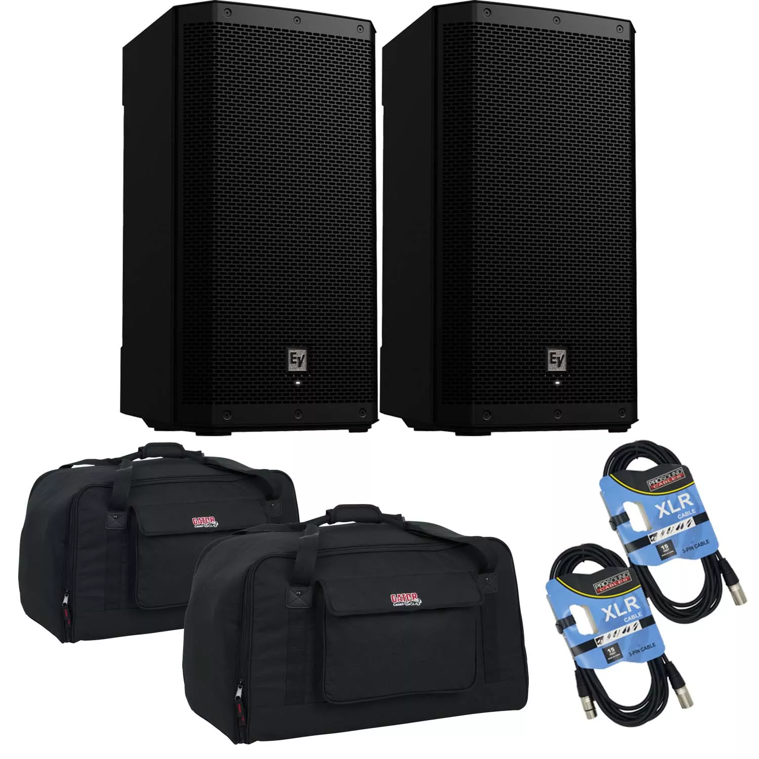 (2) Electro-Voice ZLX-12P-G2 12″ 1000W Powered Speaker, (2) Gator Tote-12 Bags, (2) XLR Cables Bundle