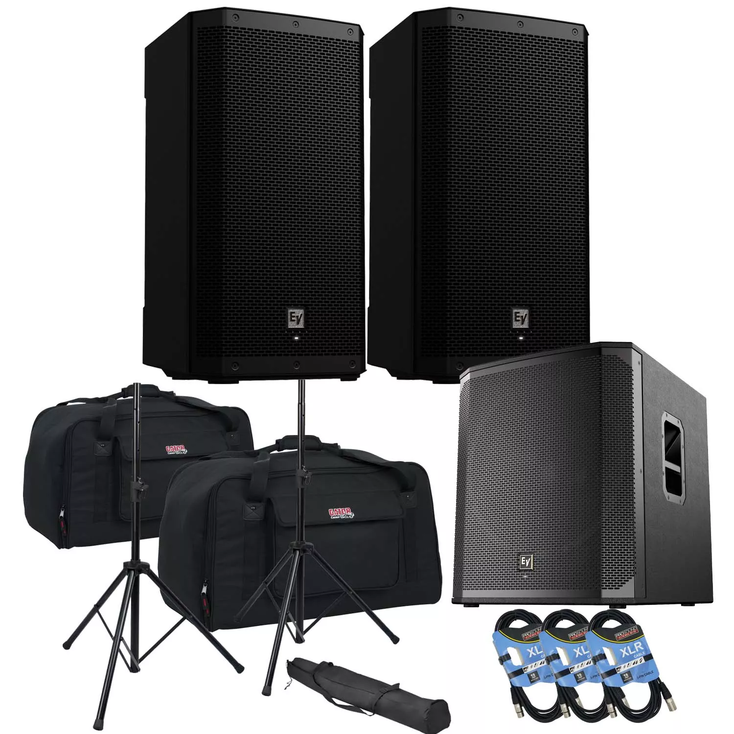 (2) Electro-Voice ZLX-12P-G2 12″ 1000W Powered Speaker, (2) Gator Tote-12 Bags, EV ELX200-18SP, (2) Speaker Stands, (3) XLR Cables Bundle