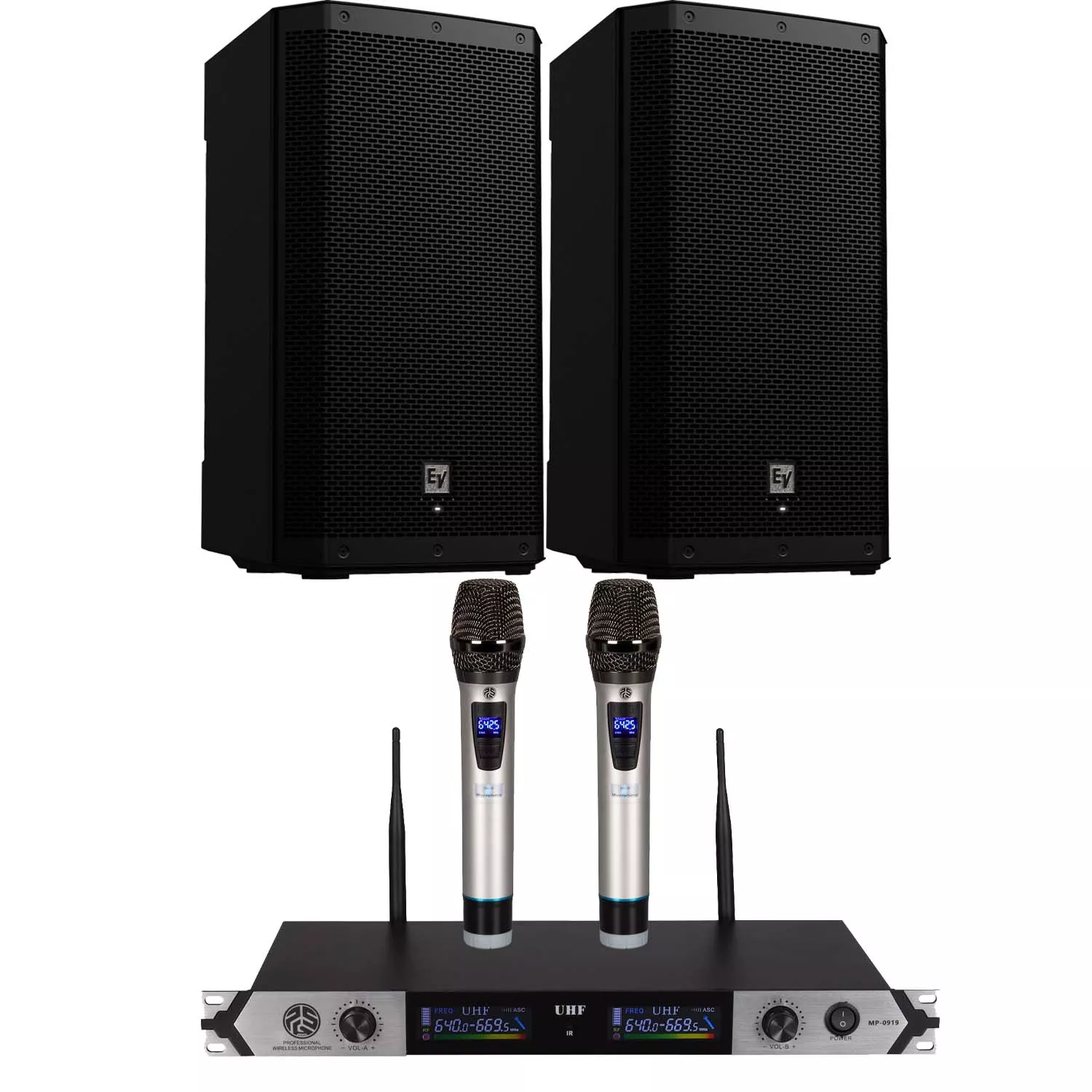 (2) Electro-Voice ZLX-12P-G2 12″ 1000W Powered Speaker, PSG AUDIO MP0919 Dual Wireless Mic Bundle