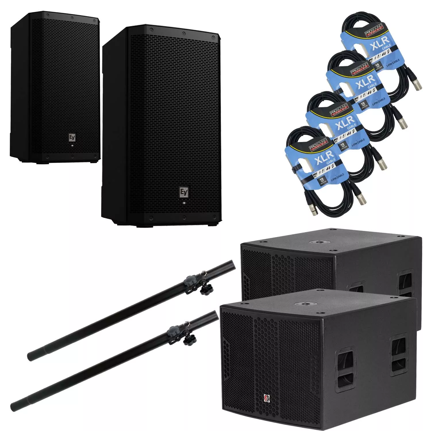 (2) Electro Voice ZLX-12P-G2 – (2) PSG AUDIO Chaos 18 Active Sub 4000W – (2) Speaker Poles – (4) XLR Cables Bundle