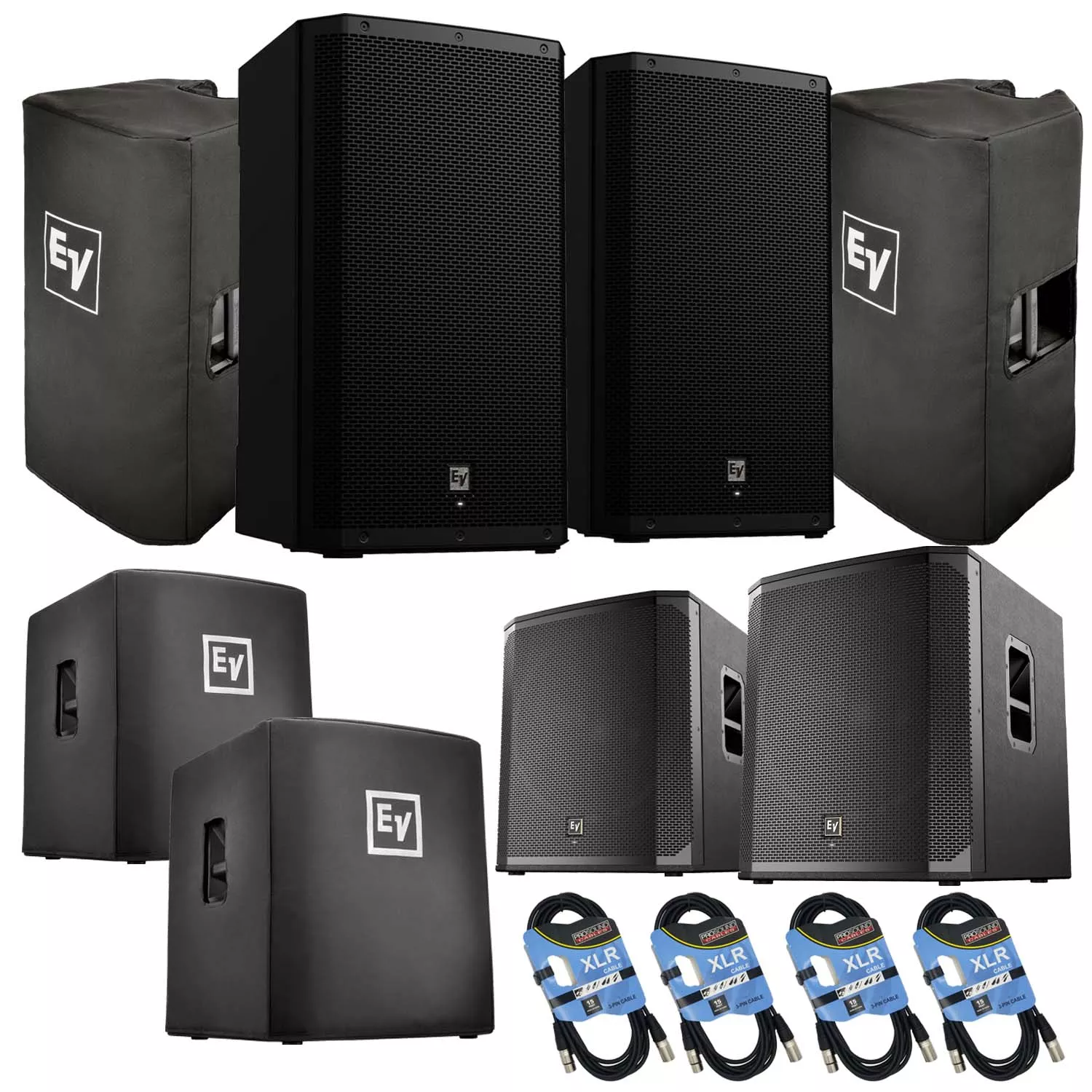 (2) Electro-Voice ZLX-15P-G2 15″ 1000W Powered Speaker, (2) EV ZLX-15P-G2 Covers, (2) EV ELX200-18SP, (2) EV ELX200-18SP Covers, (4) XLR Cables Bundle