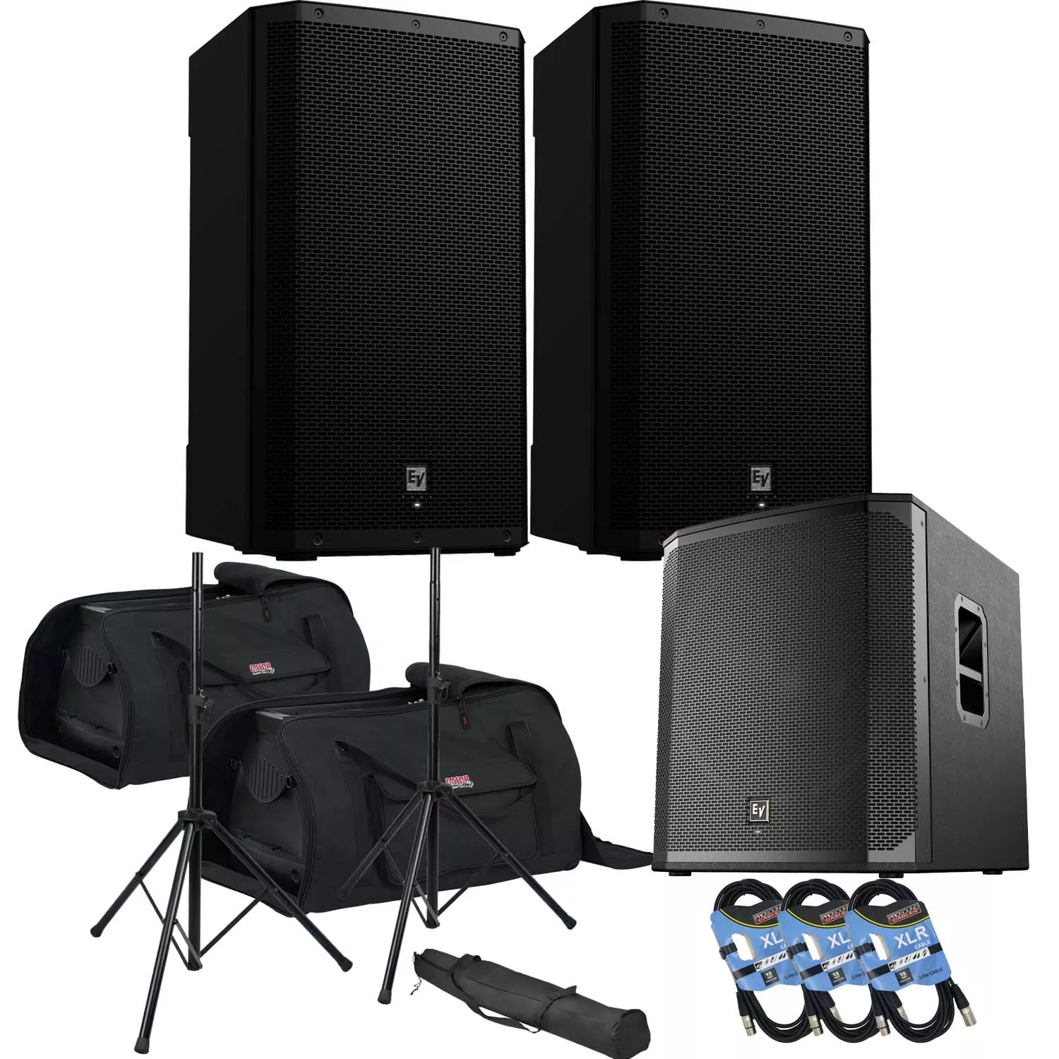 (2) Electro-Voice ZLX-15P-G2 15″ 1000W Powered Speaker, (2) Gator Tote-15 Bags, EV ELX200-18SP, (2) Speaker Stands, (3) XLR Cables Bundle