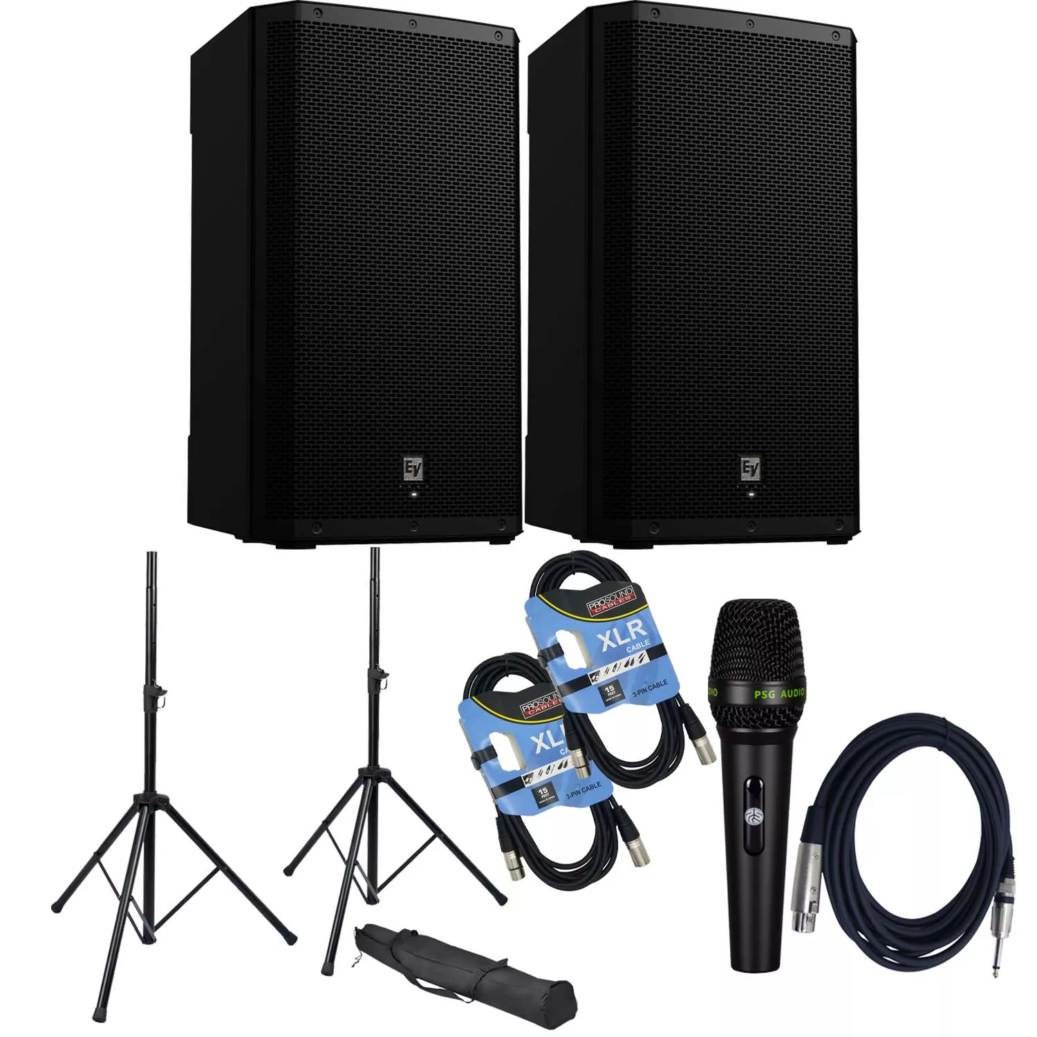 (2) Electro-Voice ZLX-15P-G2 15″ 1000W Powered Speaker, (2) Speaker Stands, (2) XLR Cable, PSG Audio C350 Bundle