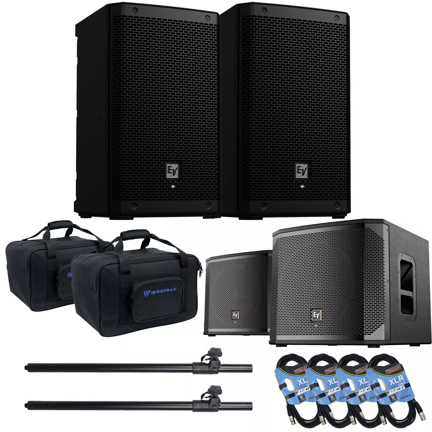 (2) Electro-Voice ZLX-8P-G2 8″ 1000W Powered Speaker, (2) EV ELX200-12SP, (2) Rockville TB8 Bags, (2) Speaker Poles, (4) XLR Cables Bundle