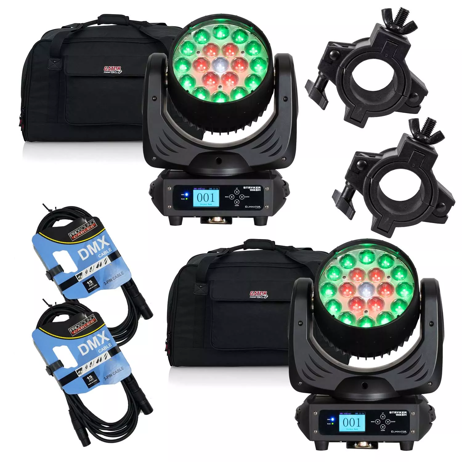 (2) Eliminator Stryker Wash 228W Moving Head, (2) Gator TOTE12, (2) Clamp, (2) DMX Cable 15FT Bundle
