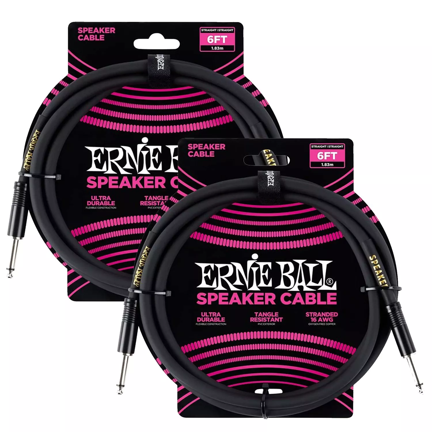 (2) Ernie Ball (P06072) Straight to Straight Speaker Cables – 6 foot Black