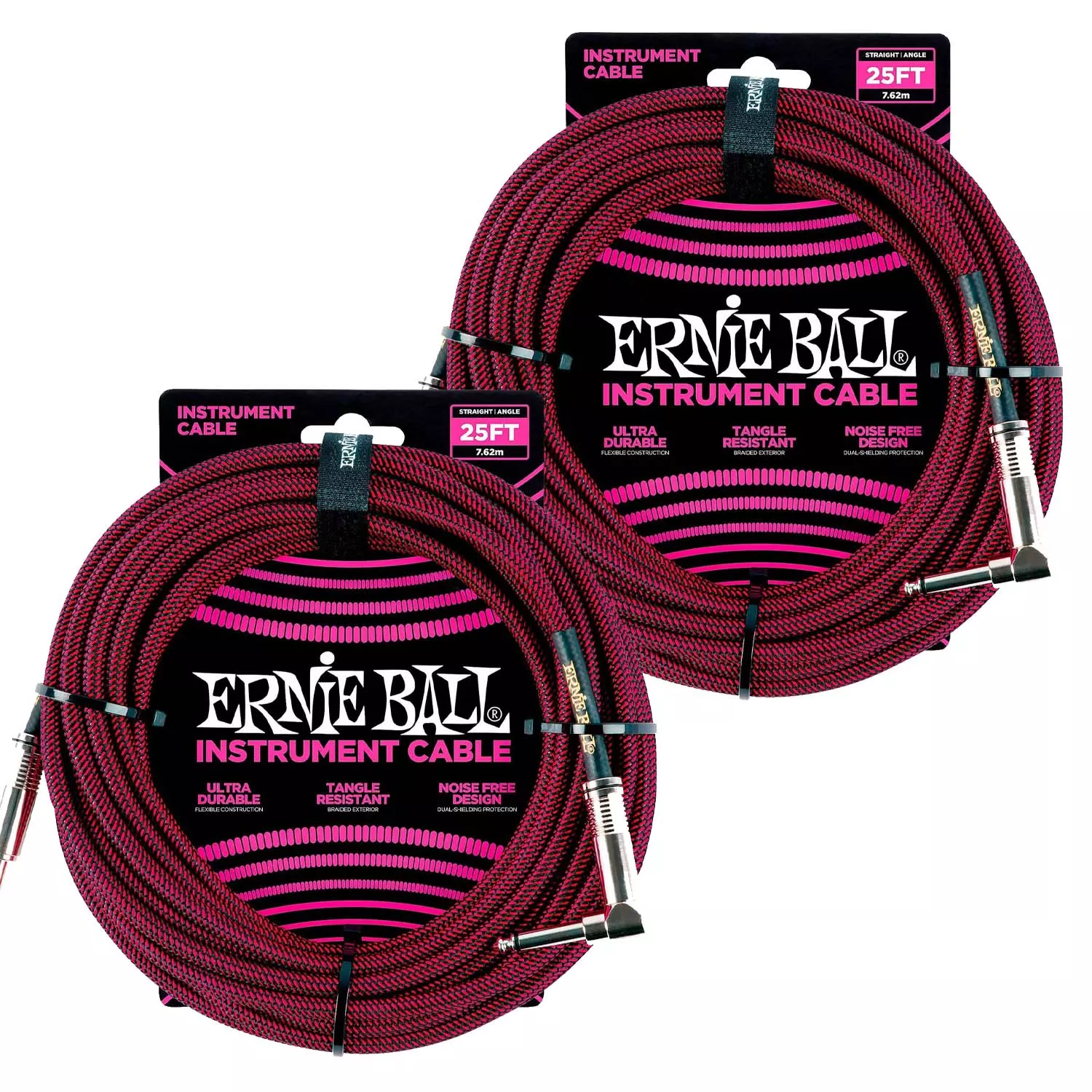 (2) Ernie Ball PO6062 25′ Braided Straight/Angle Instrument Cable – Black/Red Bundle