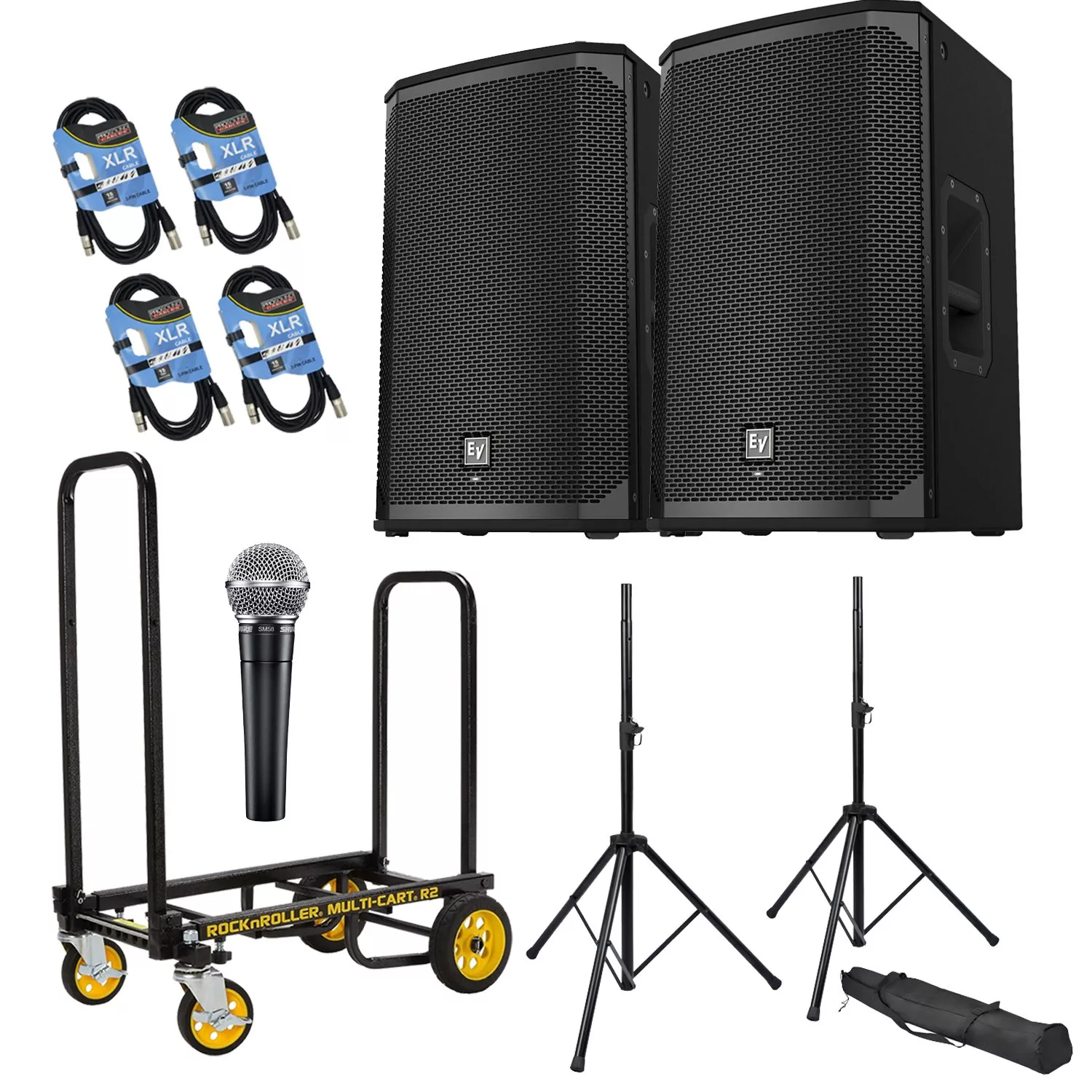 (2) EV EKX-12P Powered Speaker, Rock-N-Roller R2RT, SM58 Mic, Speaker Stands, (4) XLR Cables Bundle