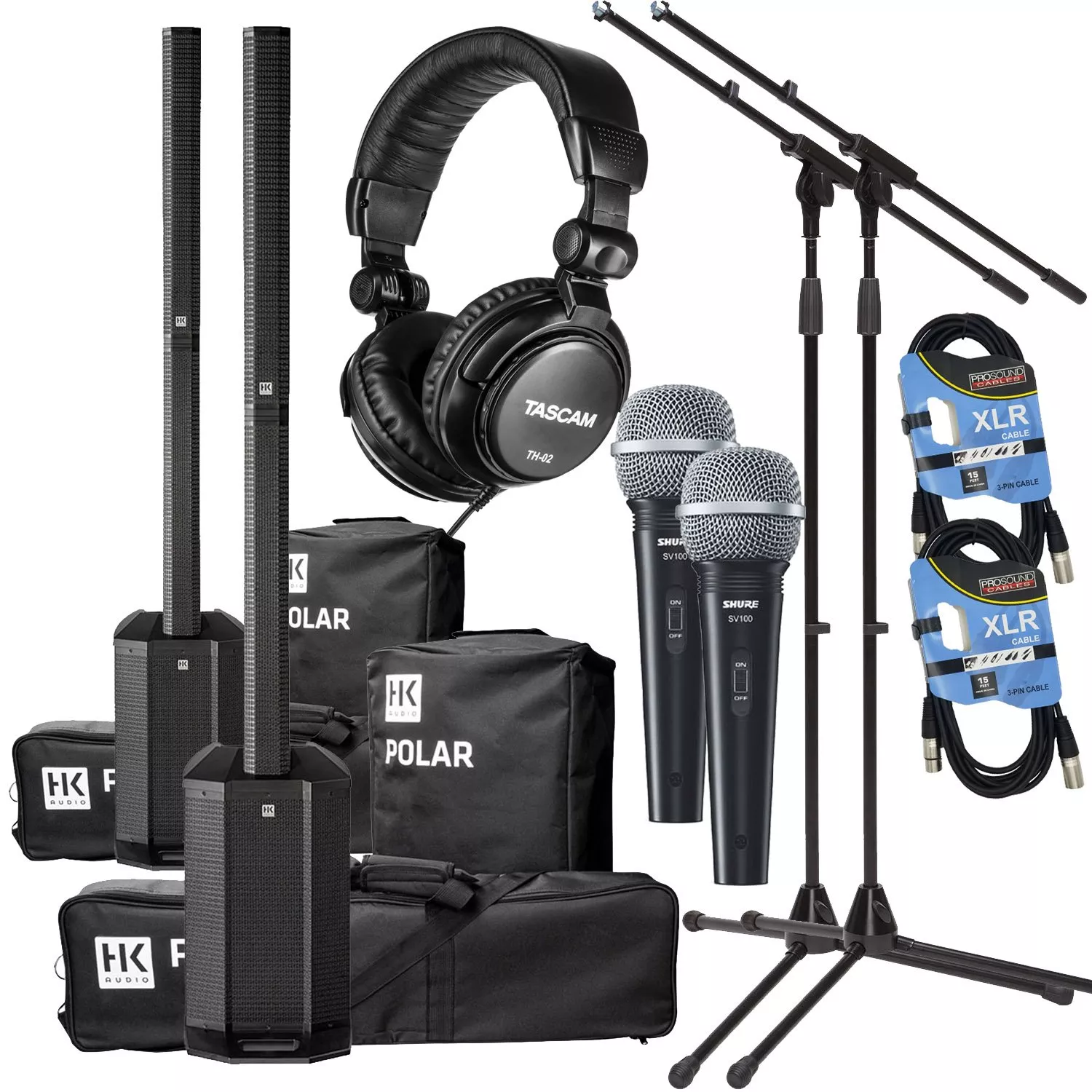(2) HK AUDIO POLAR 10 2000W Powered Array System with Bluetooth, (2) SV100 Mic, (2) Mic Stand, Tascam TH02, (2) XLR Cables Bundle