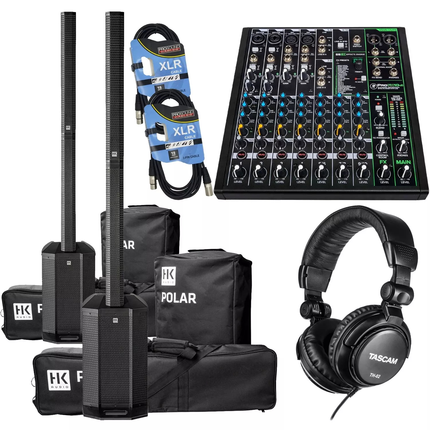 (2) HK AUDIO POLAR 10 2000W Powered Array System with Bluetooth, Mackie FX10V3, (2) XLR Cables, Tascam TH02 Bundle
