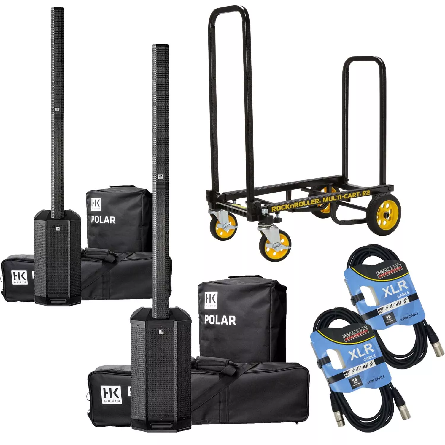 (2) HK AUDIO POLAR 12 2000W Powered Column with Bluetooth (Covers Included), (2) XLR Cables, Rock-N-Roller R2RT Bundle