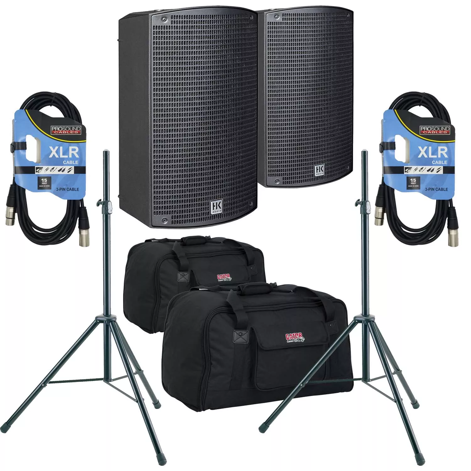 (2) HK Audio Sonar 110 Xi 800W 10″ Powered Speaker – (2) Speaker Stands – (2) XLR Cables – (2) Gator Tote-10 Bundle