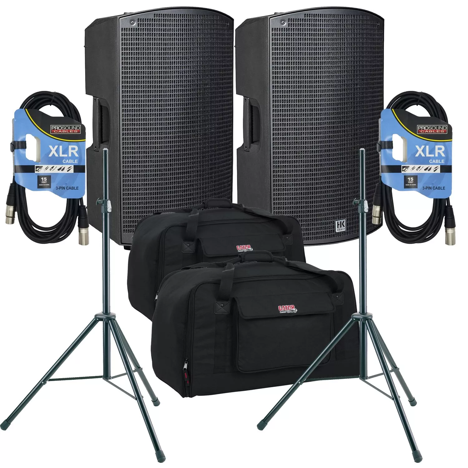 (2) HK Audio Sonar 115 Xi 1200W 15″ Powered Speaker – (2) Speaker Stands – (2) XLR Cables – (2) Gator Tote-15 Bundle