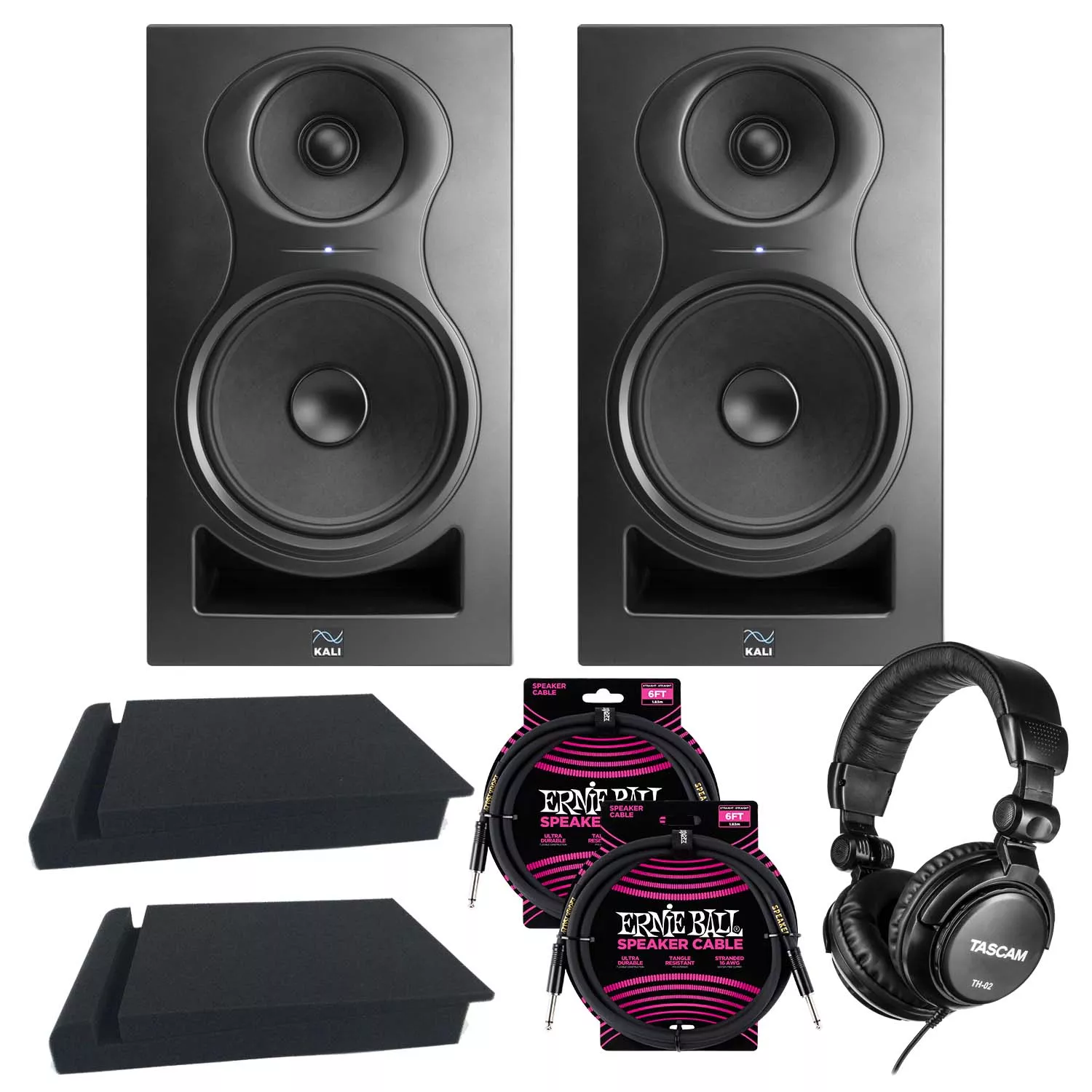 (2) Kali Audio IN-8 3-Way Studio Monitor (Single), Foam Pads, (2) ErnieBall Cable, Tascam TH02 Bundle