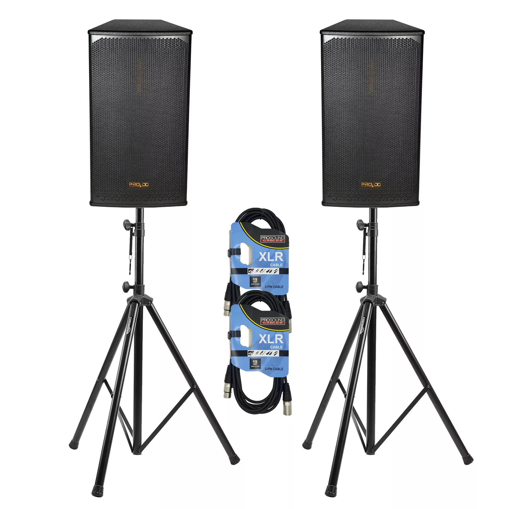 – (2)PRO DG Aviator 115A, 15” Active PA Speaker, 2600 Watts, 137 dB, (2) Speaker Stands with Bag, (2) XLR Cable. (Made in Spain)