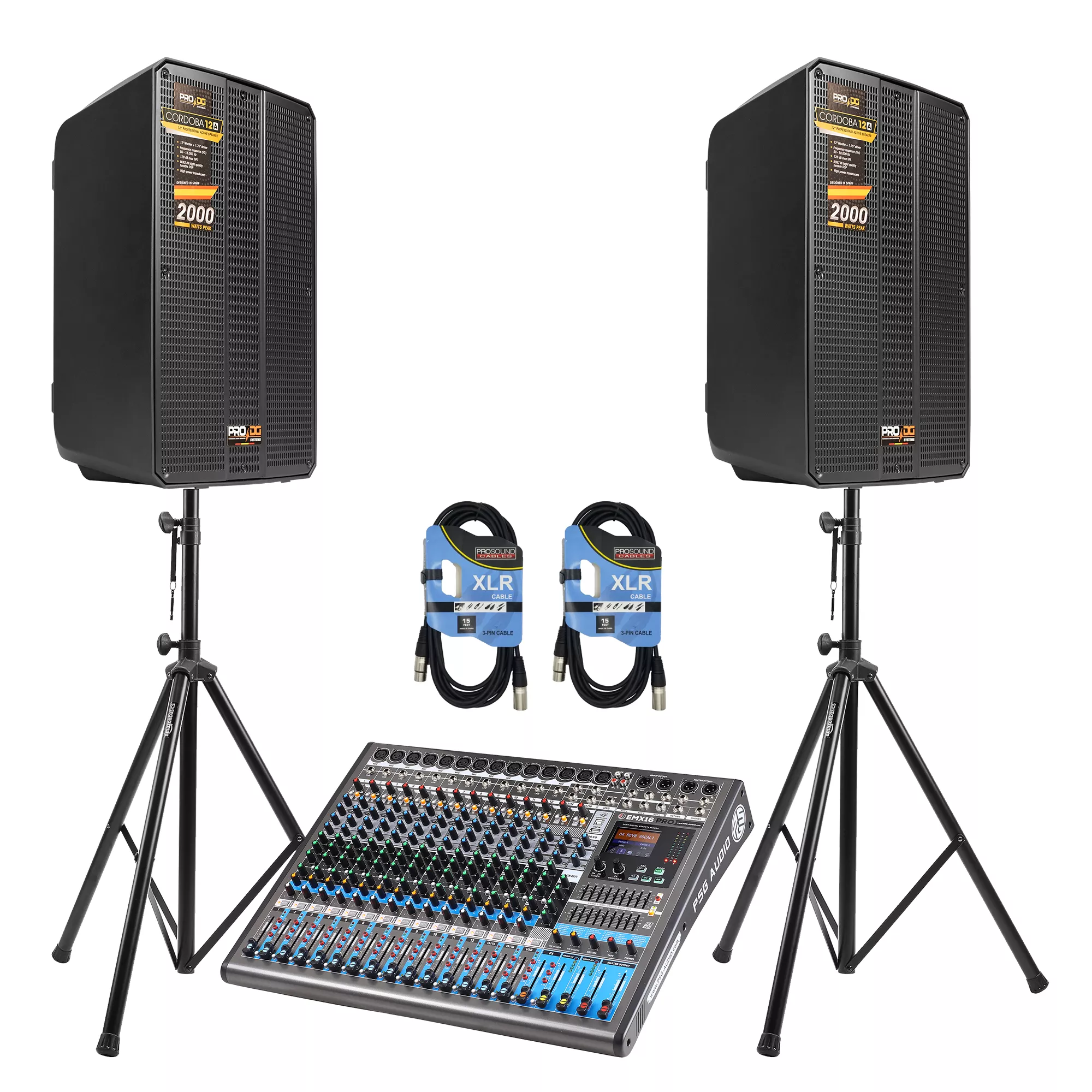 – (2)PRO DG Cordoba 12A 2-Way Professional Active Speaker, 130dB, 2000 Watts DJ PA Speaker, Integrated 2-Channel Mixer with DSP Control, Speaker Stands with Bag, (2) XLR Cable Ideal for Musicians, DJ’s (Designed in Spain)