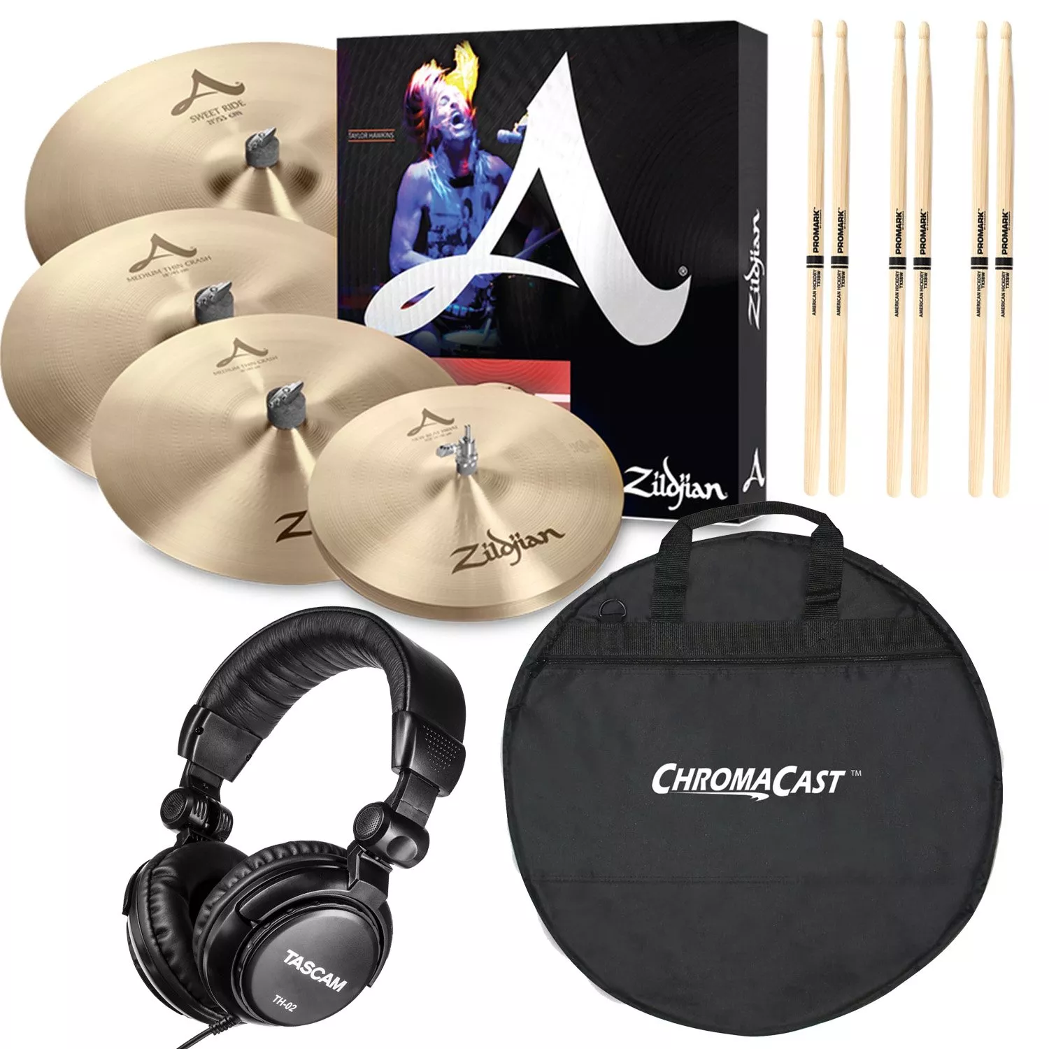 Zildjian A391 A Sweet Ride Cymbal Set – 14/16/18/21 inch, ChromaCast Padded Cymbal Bag 22″, (3) Drum Sticks, Tascam TH02 Bundle
