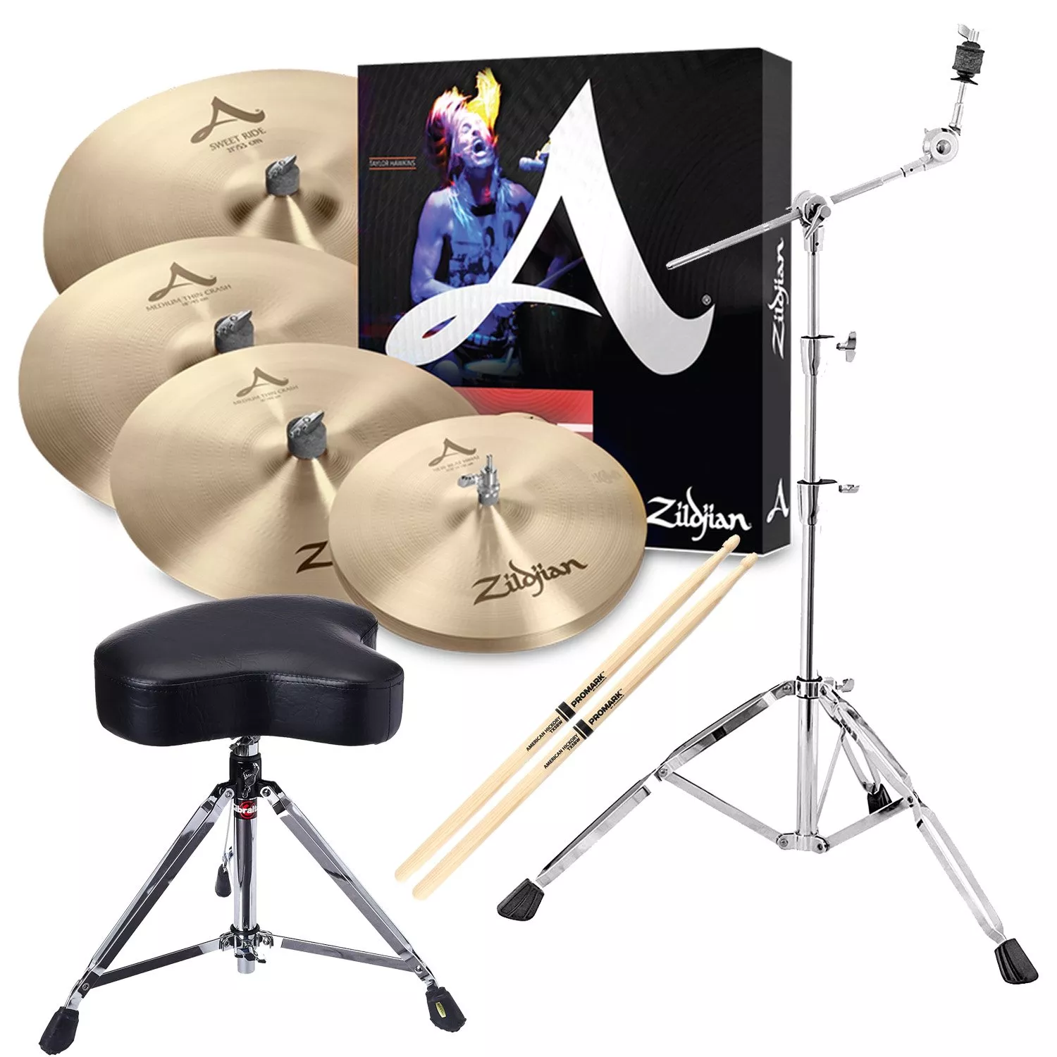 Zildjian A391 A Sweet Ride Cymbal Set – 14/16/18/21 inch, MAPEX Bongo Stand (B200RB), Gibraltar 6608 Throne, Drum Sticks Bundle
