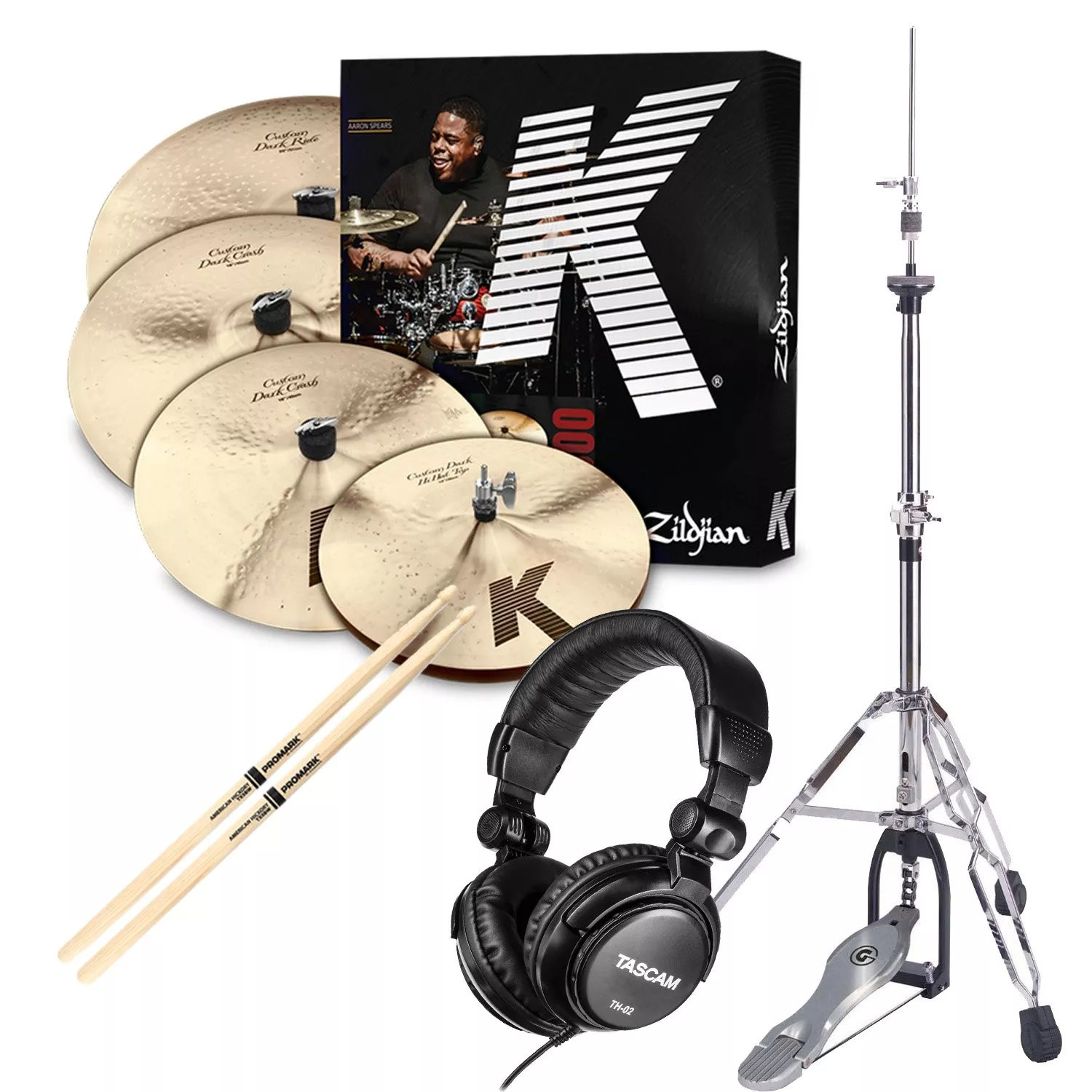 Zildjian K Custom Dark Cymbal Set – 14/16/18/20 inch, Gibraltar 5707 Hi-Hat Stand, Drum Stick, Tascam TH02 Bundle