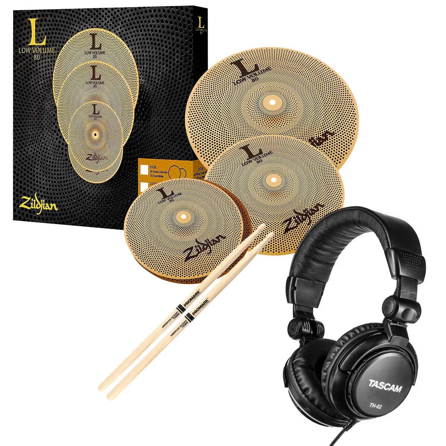 Zildjian LV348 L80 Low Volume Cymbal Set – 13/14/18 inch, Tascam TH02 Headphones, Drum Sticks Bundle