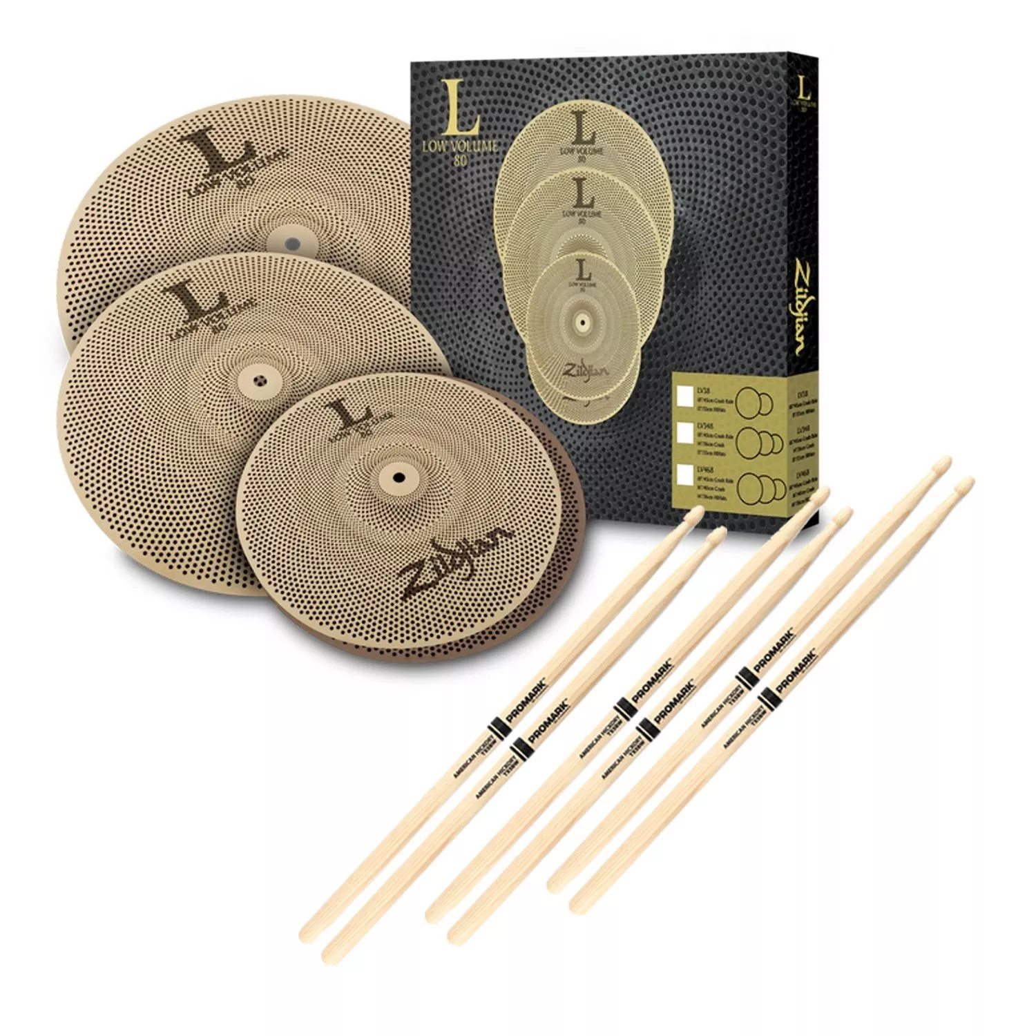 Zildjian LV38 L80 Low Volume Cymbal Set – 13/18 inch, (3) Drum Sticks Bundle