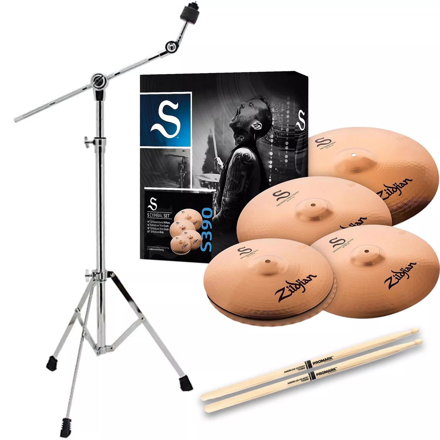 Zildjian S390 Performer Cymbal Set, Luvay Boom Cymbal Stand, Drum Sticks Bundle