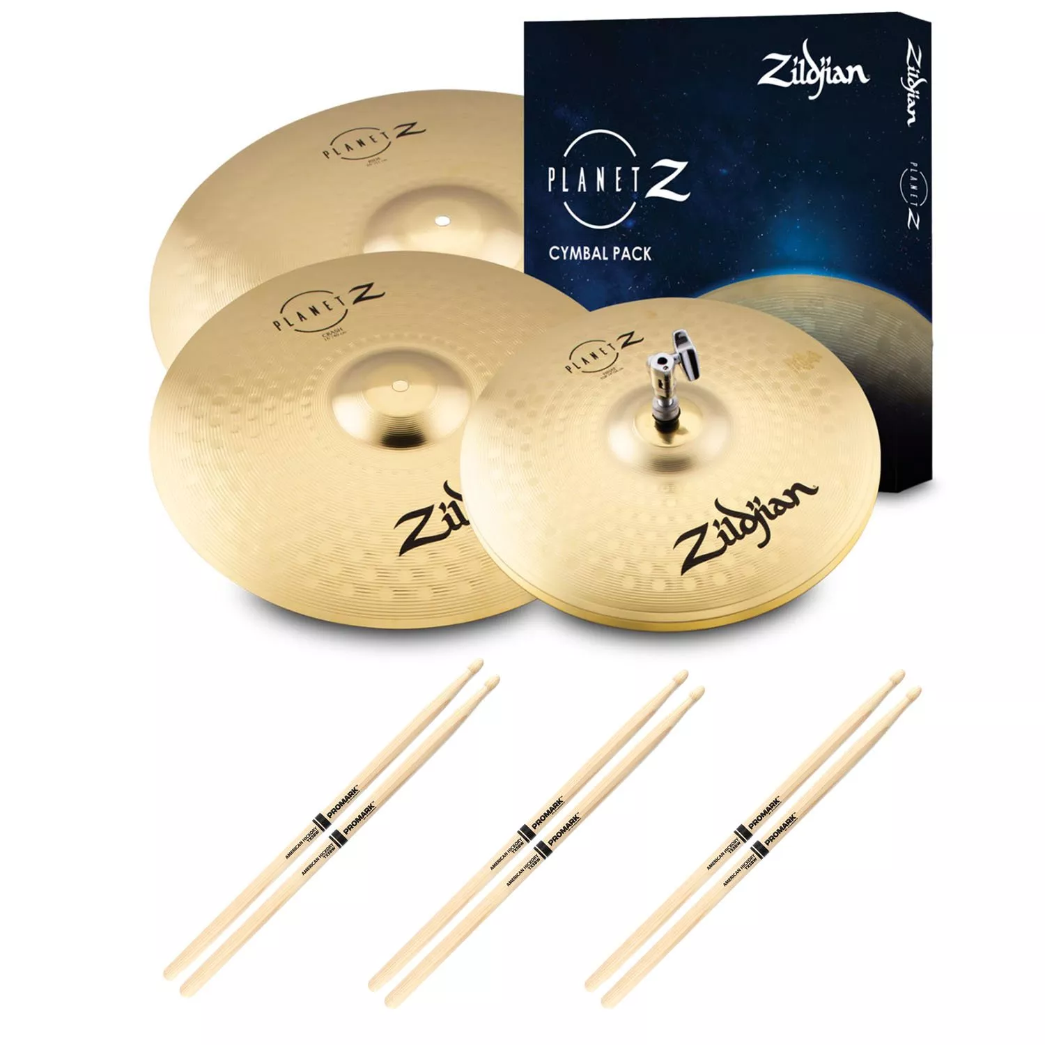 Zildjian ZP4PK Planet Z Cymbal Set – 14/16/20 inch, (3) Drum Stick Bundle