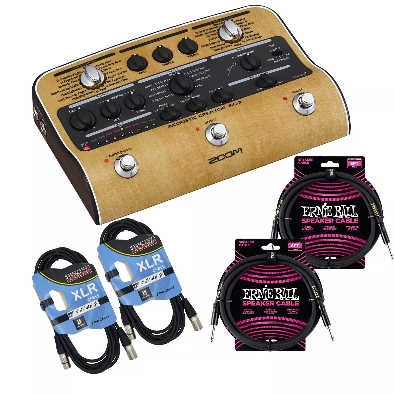 Zoom AC-3 Acoustic Creator Pedal, (2) ErnieBall Cables, (2) XLR Cable Bundle