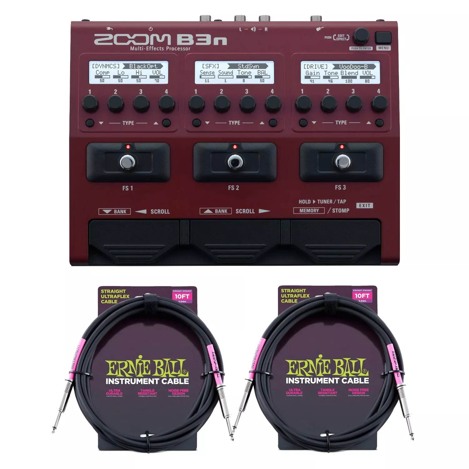 Zoom B3n Multi-Effects Processor, (2) ErnieBall Cable Bundle
