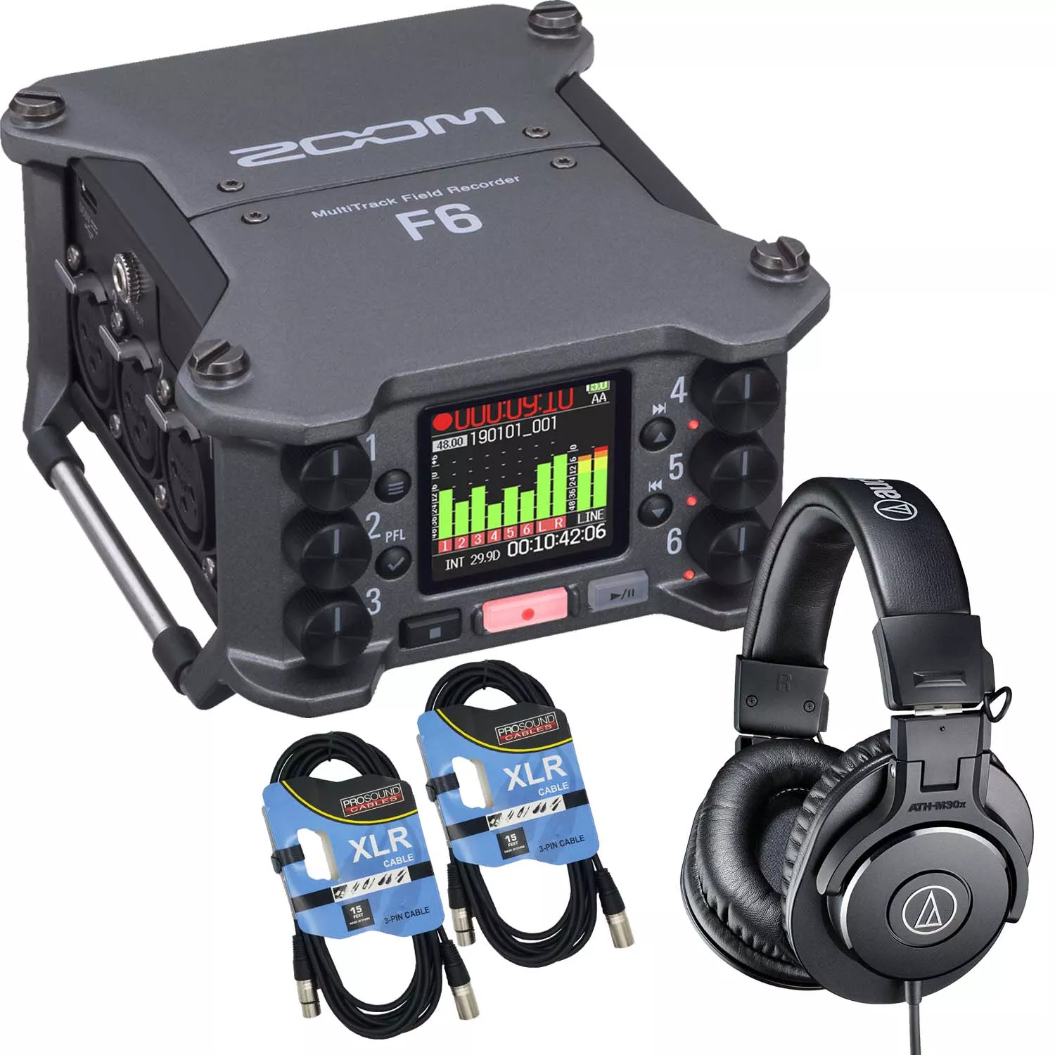 Zoom F6 6-Input / 14-Track Multitrack, Audio Technica ATH-M30X, (2) XLR Cables Bundle