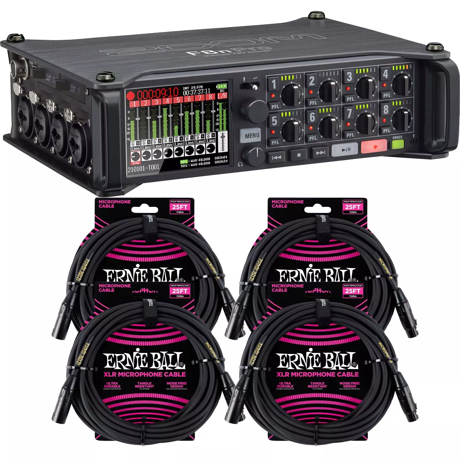 Zoom F8n Pro Multitrack Field Recorder, (4) ErnieBall XLR 25FT Cables Bundle