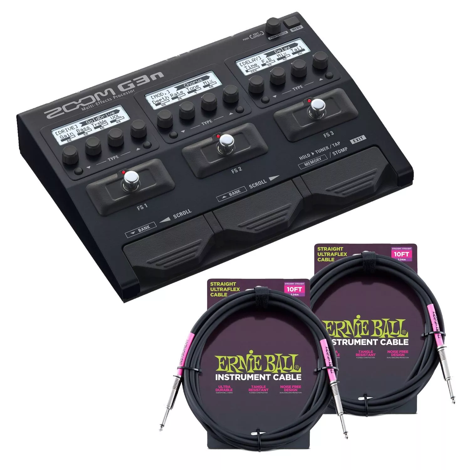 Zoom G3n Multi-Effects Processor, (2) Ernie Ball Guitar Cables Bundle