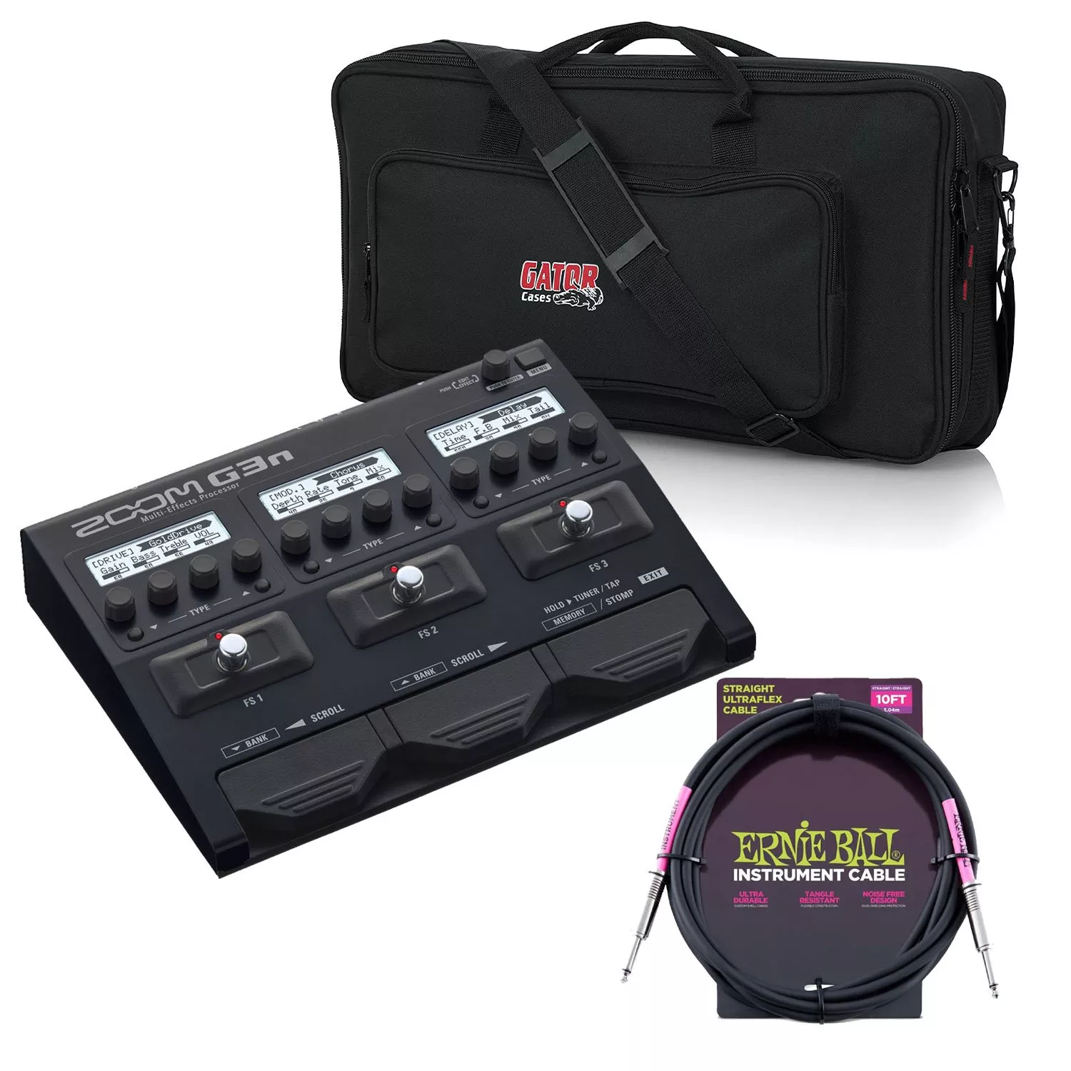 Zoom G3n Multi-Effects Processor, Gator GK2110 Bag, Ernie Ball Guitar Cable Bundle