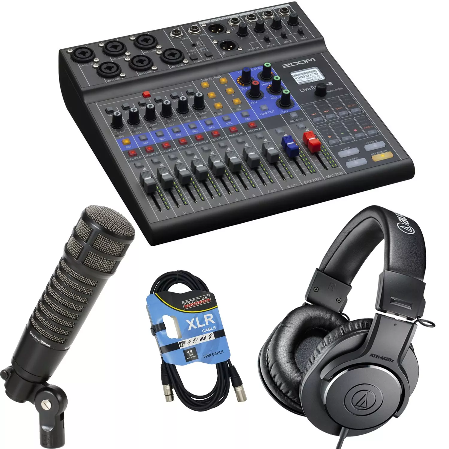 Zoom LiveTrak L-8 Portable Mixer, Electro-Voice RE320, ATH-M20x, XLR Cable Bundle